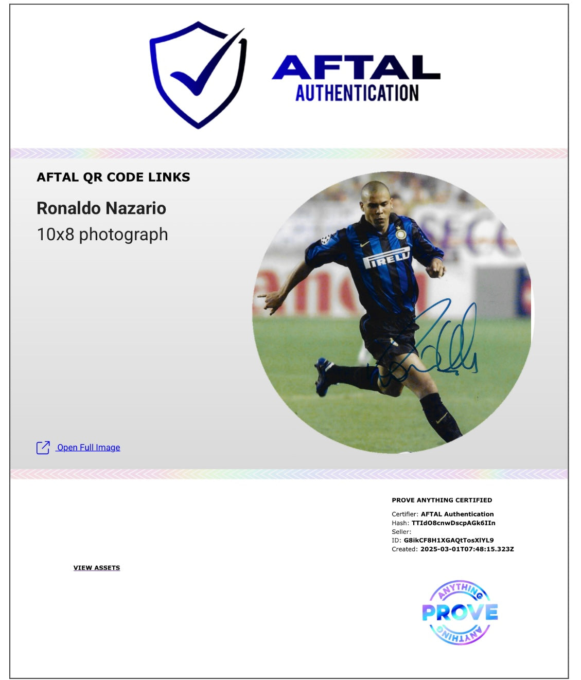 RONALDO NAZARIO SIGNED INTER MILAN 10x8 PHOTO (AFTAL AUTHENTICATED)