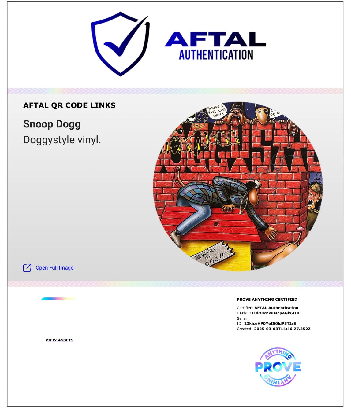 SNOOP DOGGY DOGG SIGNED DOGGYSTYLE VINYL ALBUM (AFTAL AUTHENTICATED)