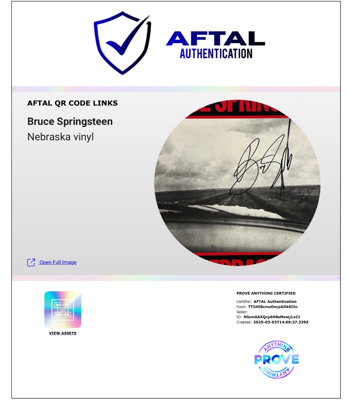 BRUCE SPRINGSTEEN SIGNED NEBRASKA VINYL LP (AFTAL AUTHENTICATED)