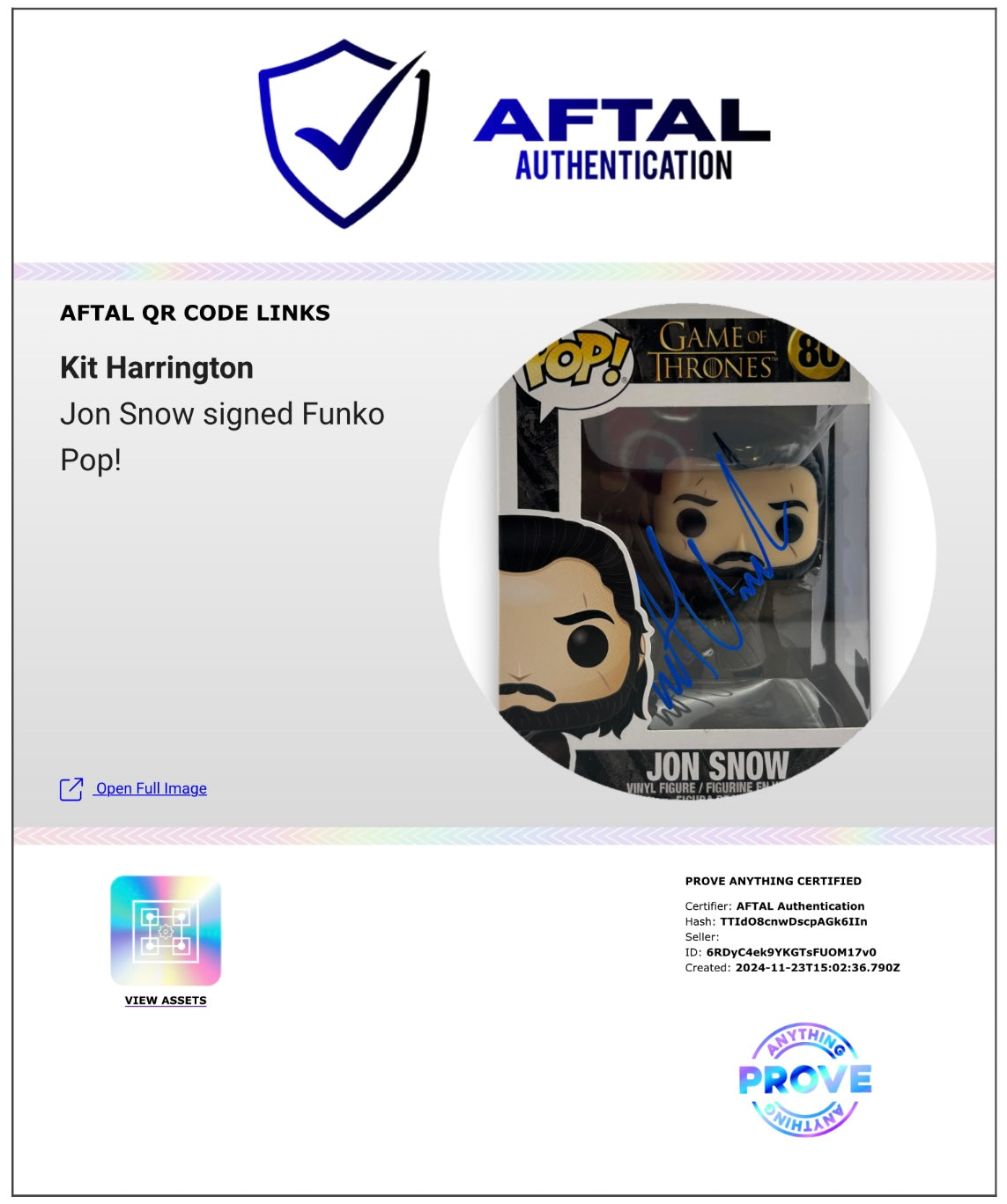 KIT HARINGTON SIGNED JON SNOW GAME OF THRONES #80 FUNKO POP! (AFTAL AUTHENTICATED) 2