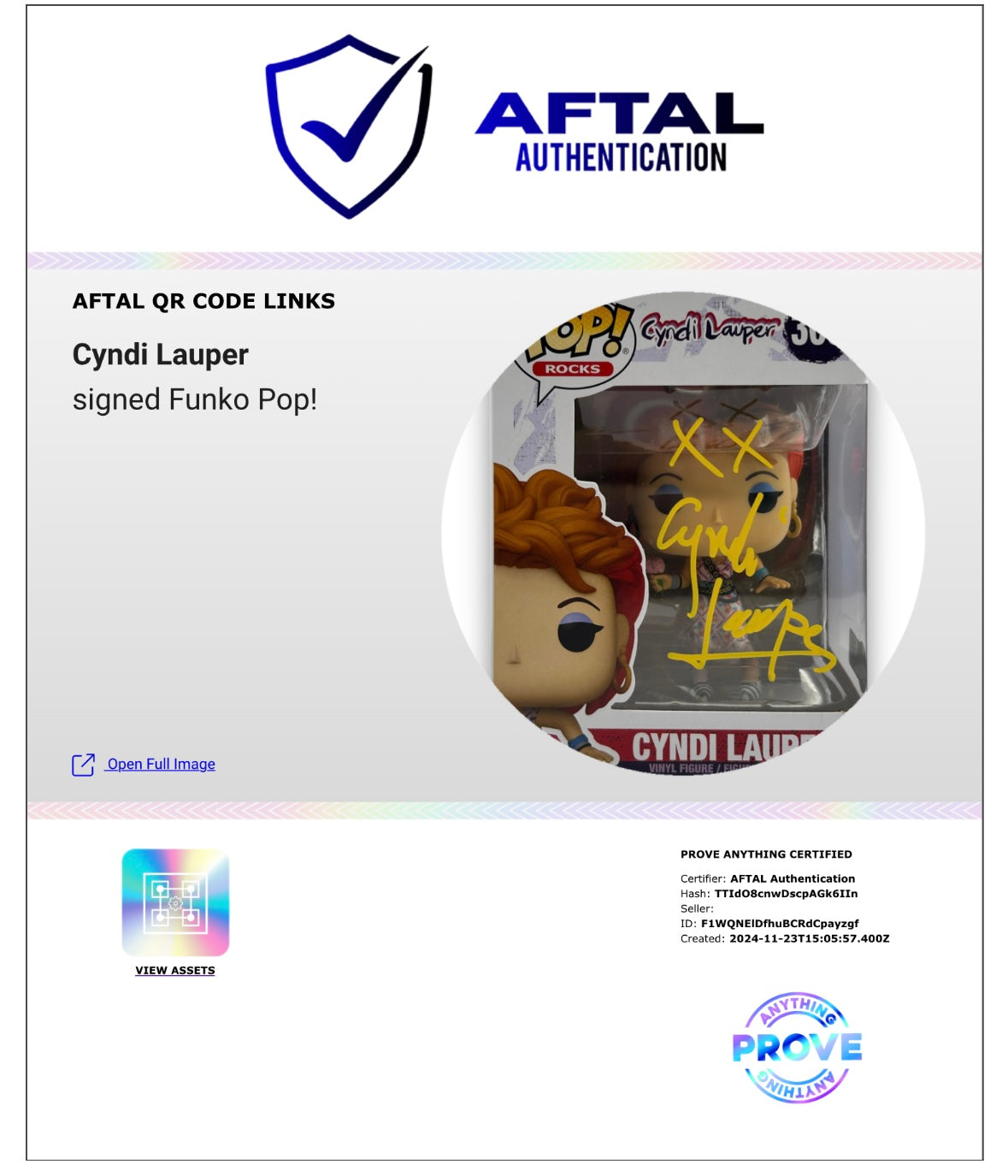 CYNDI LAUPER SIGNED #309 FUNKO POP! (AFTAL AUTHENTICATED)