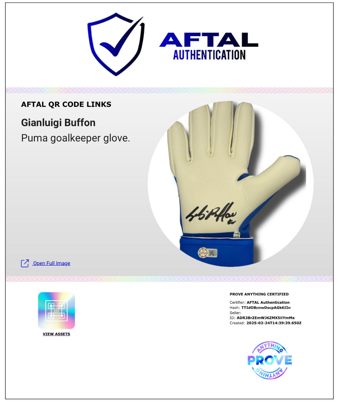 GIANLUIGI BUFFON SIGNED PUMA BLUE GOALKEEPER GLOVE R (AFTAL AUTHENTICATED)