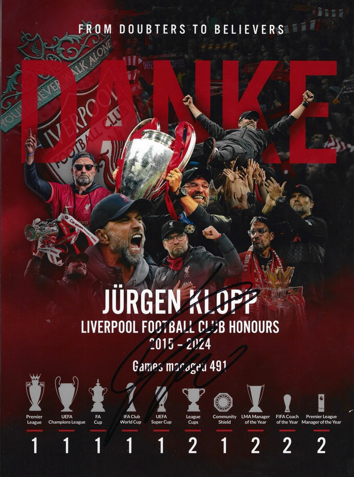 JURGEN KLOPP SIGNED DANKE JURGEN LIVERPOOL FC 16x12 (AFTAL COA)