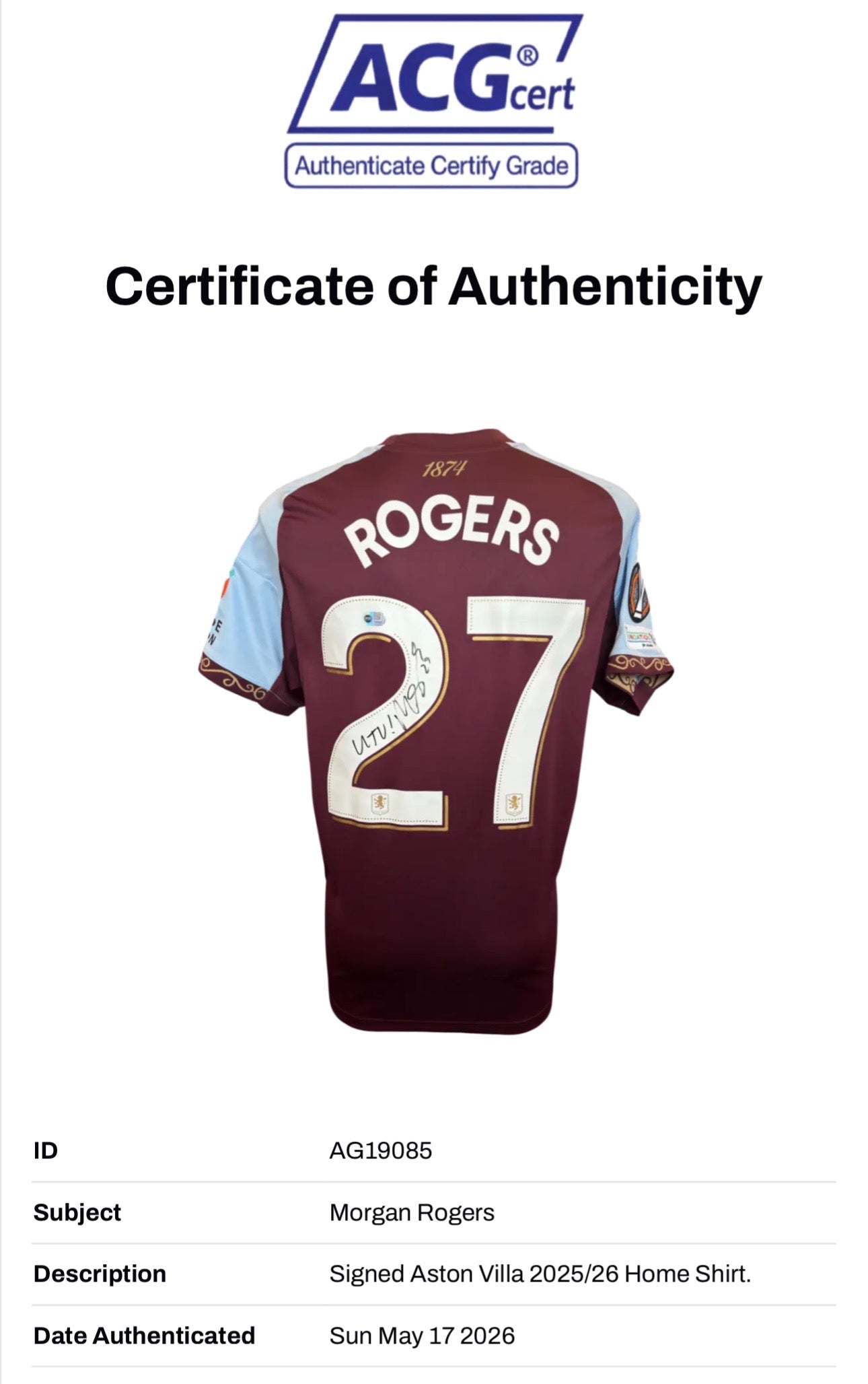 MORGAN ROGERS SIGNED 25/26 ASTON VILLA HOME UEL SHIRT (ACG CERT AG19085)