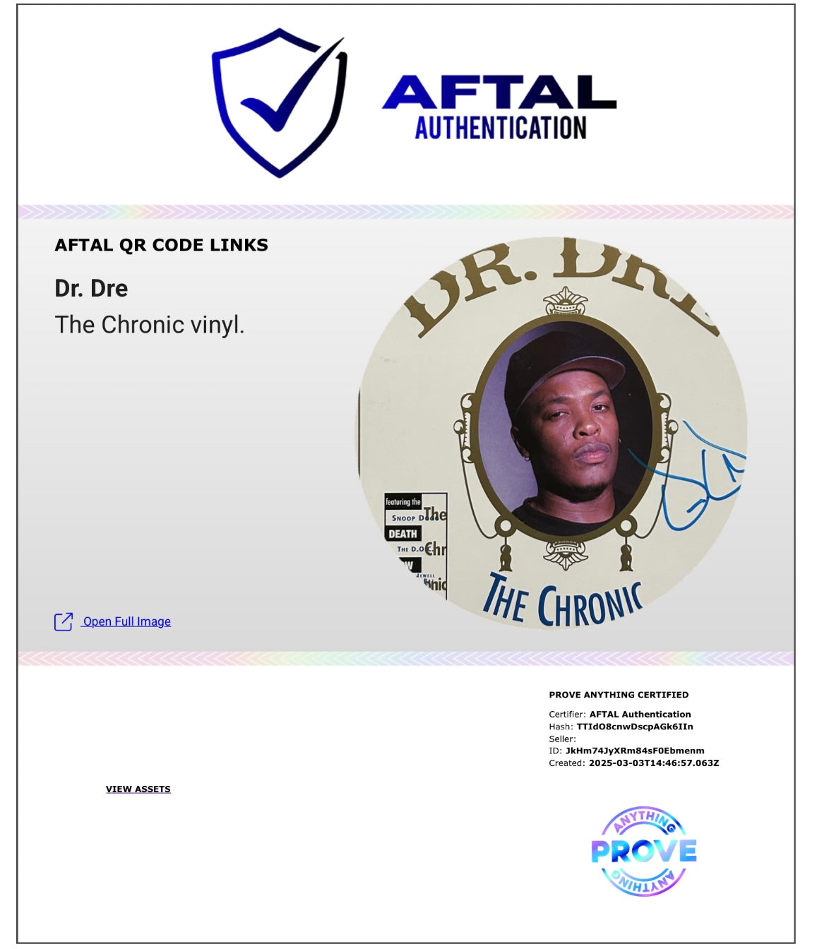 DR. DRE SIGNED THE CHRONIC LP VINYL ALBUM (AFTAL AUTHENTICATED)