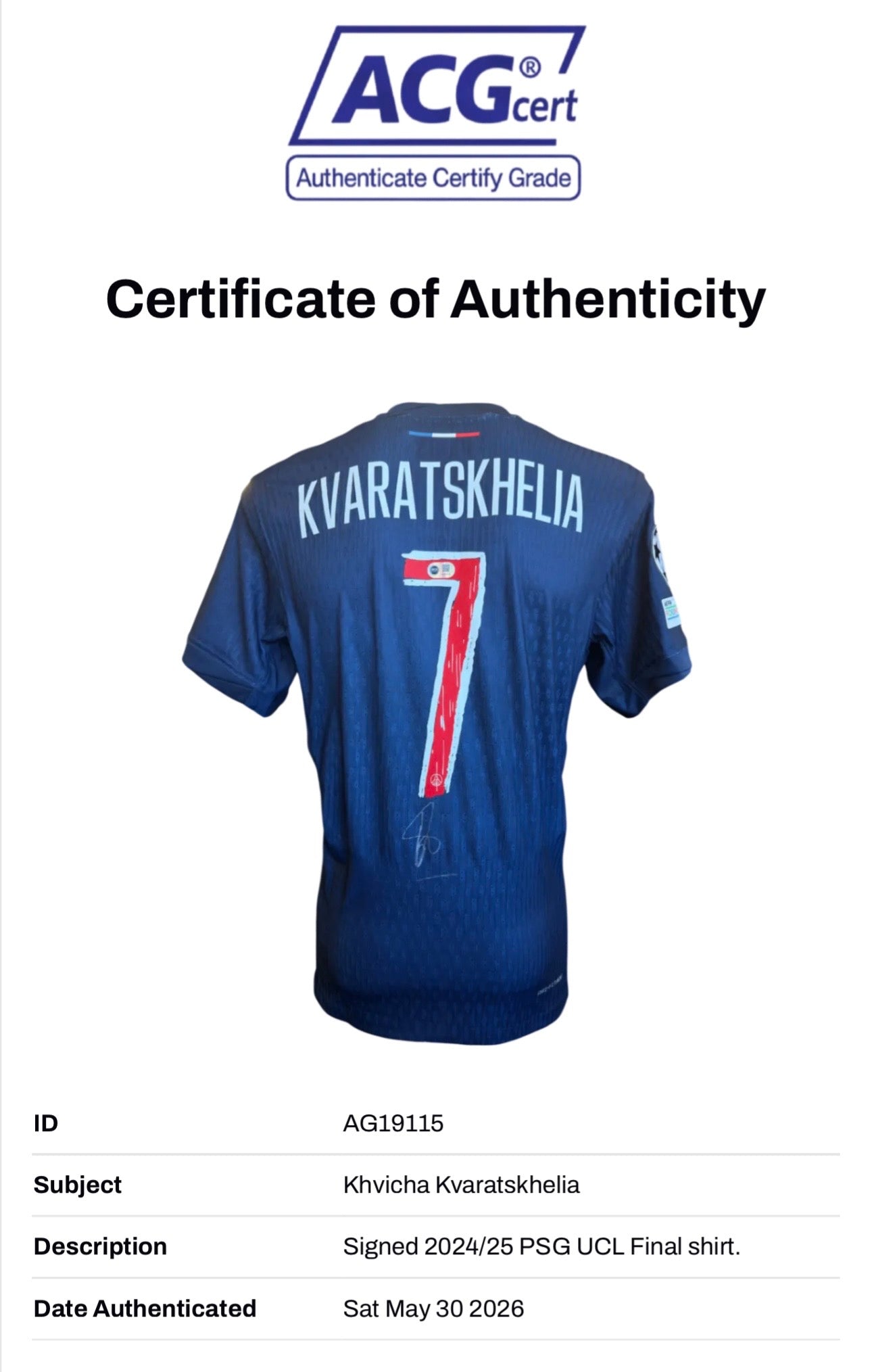 KHVICHA KVARATSKHELIA SIGNED 24/25 PARIS SAINT-GERMAIN HOME SHIRT (ACG CERT AG19115)