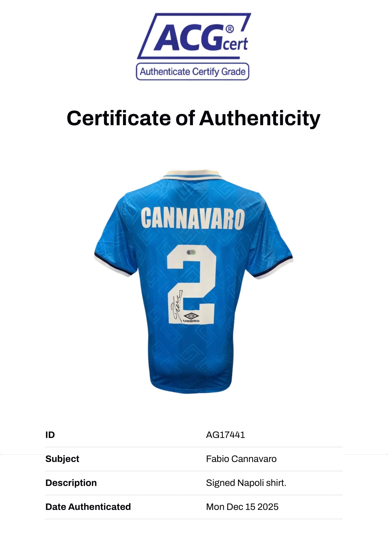 FABIO CANNAVARO SIGNED SSC NAPOLI 1993/94 HOME SHIRT (ACG CERT AG17441)