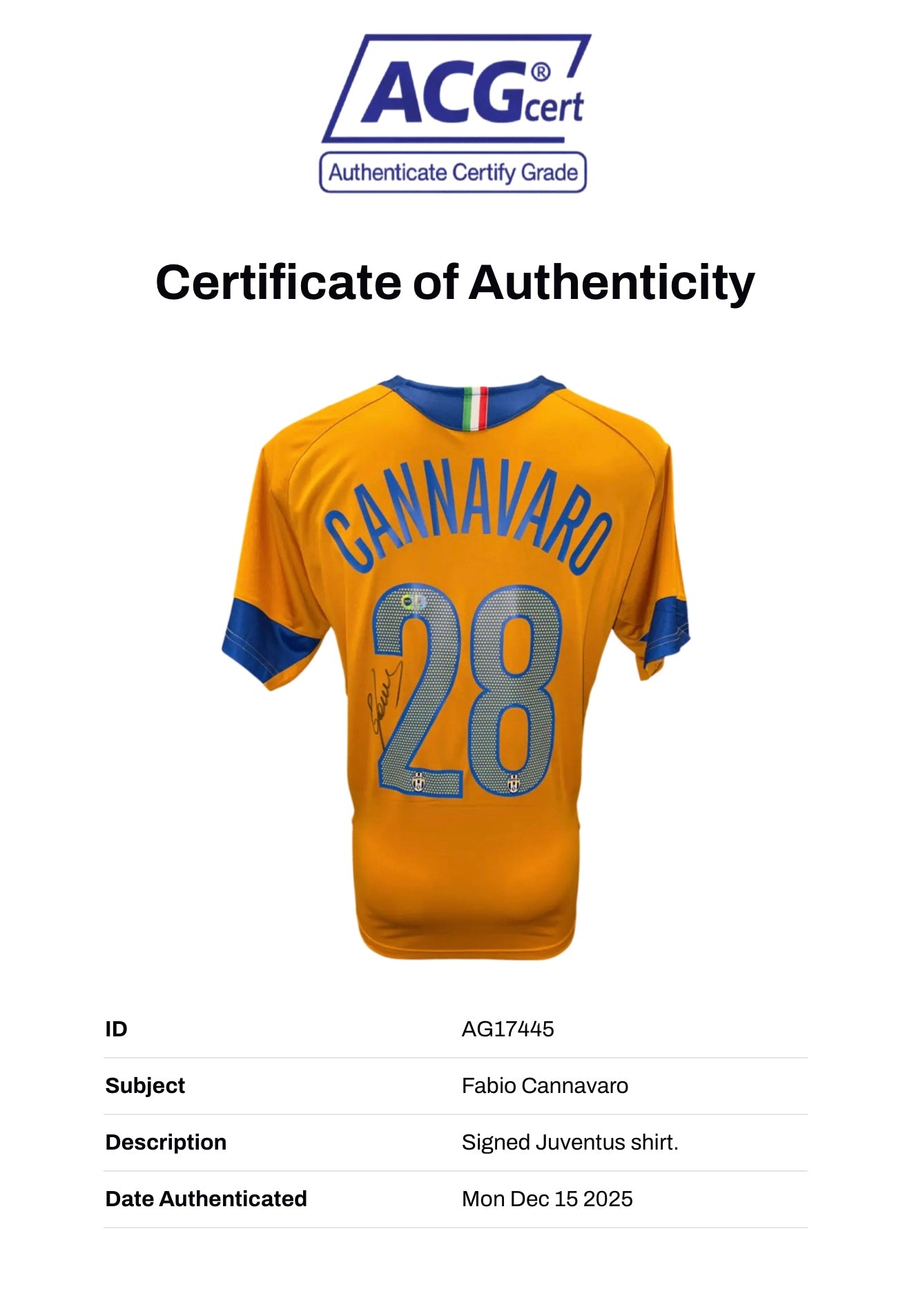 FABIO CANNAVARO SIGNED JUVENTUS 2005/06 AWAY SHIRT (ACG CERT AG17445)