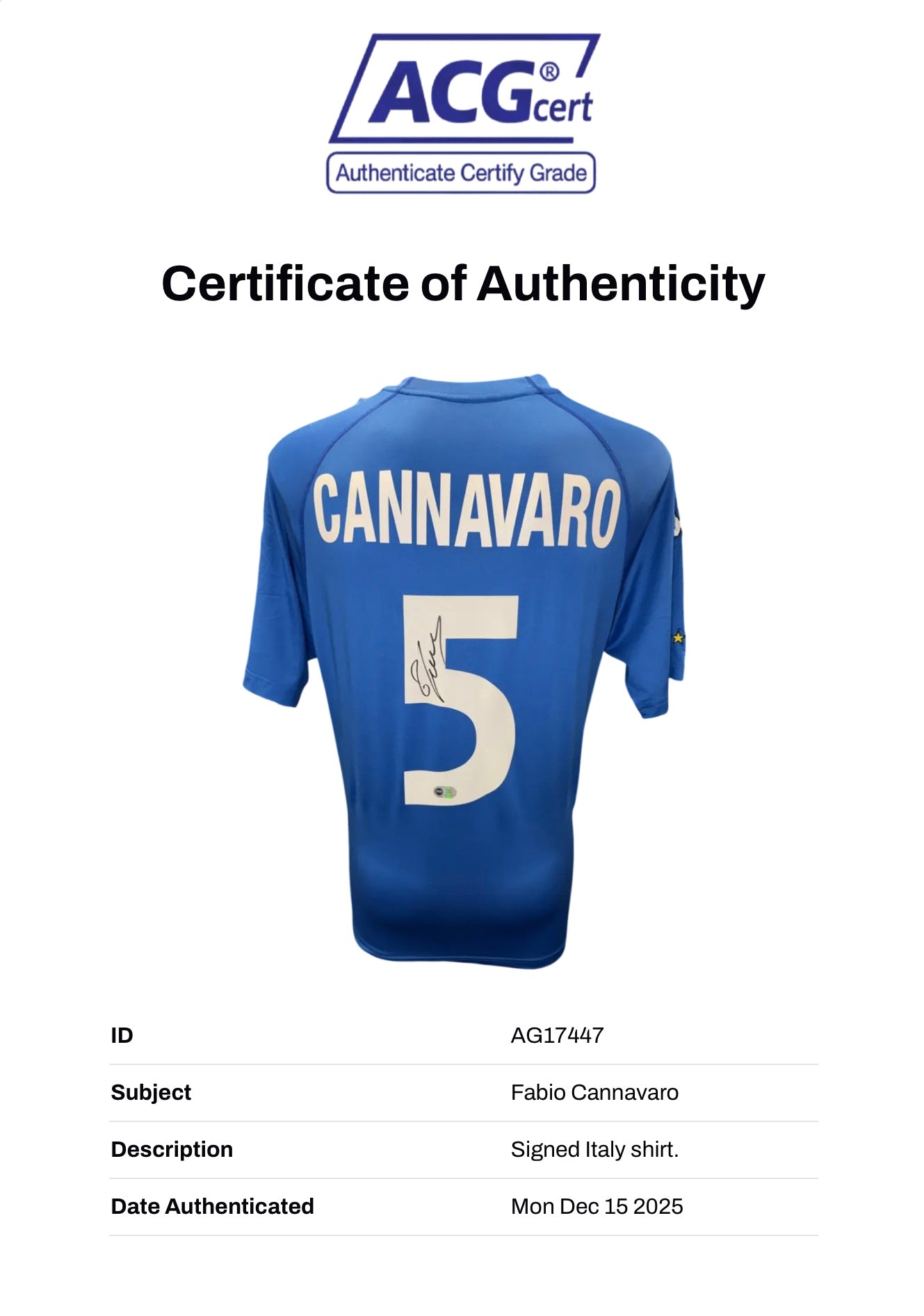 FABIO CANNAVARO SIGNED ITALY 2000/02 HOME SHIRT (ACG CERT AG17447)