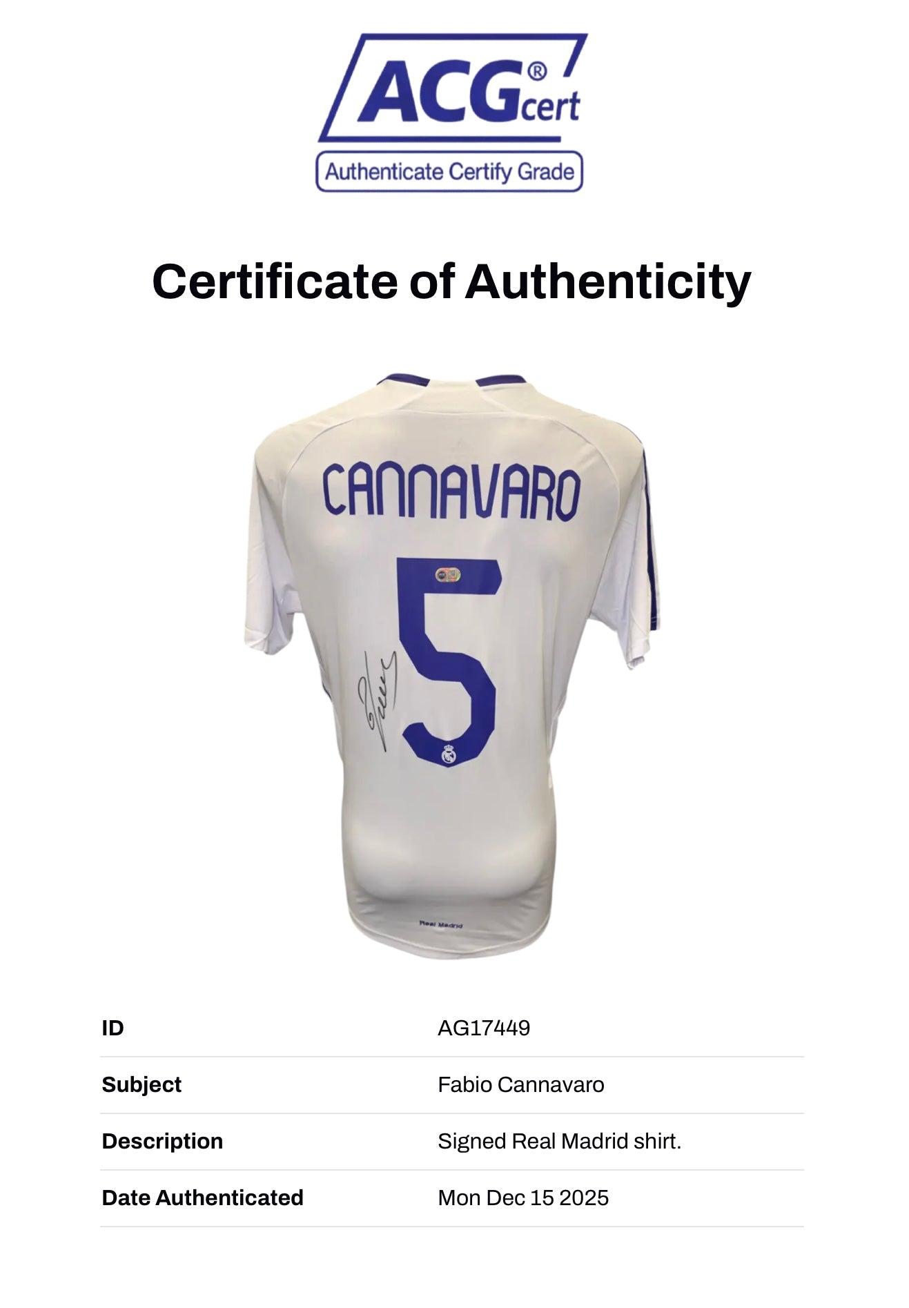 FABIO CANNAVARO SIGNED REAL MADRID 2007/08 HOME SHIRT (ACG CERT AG17449)