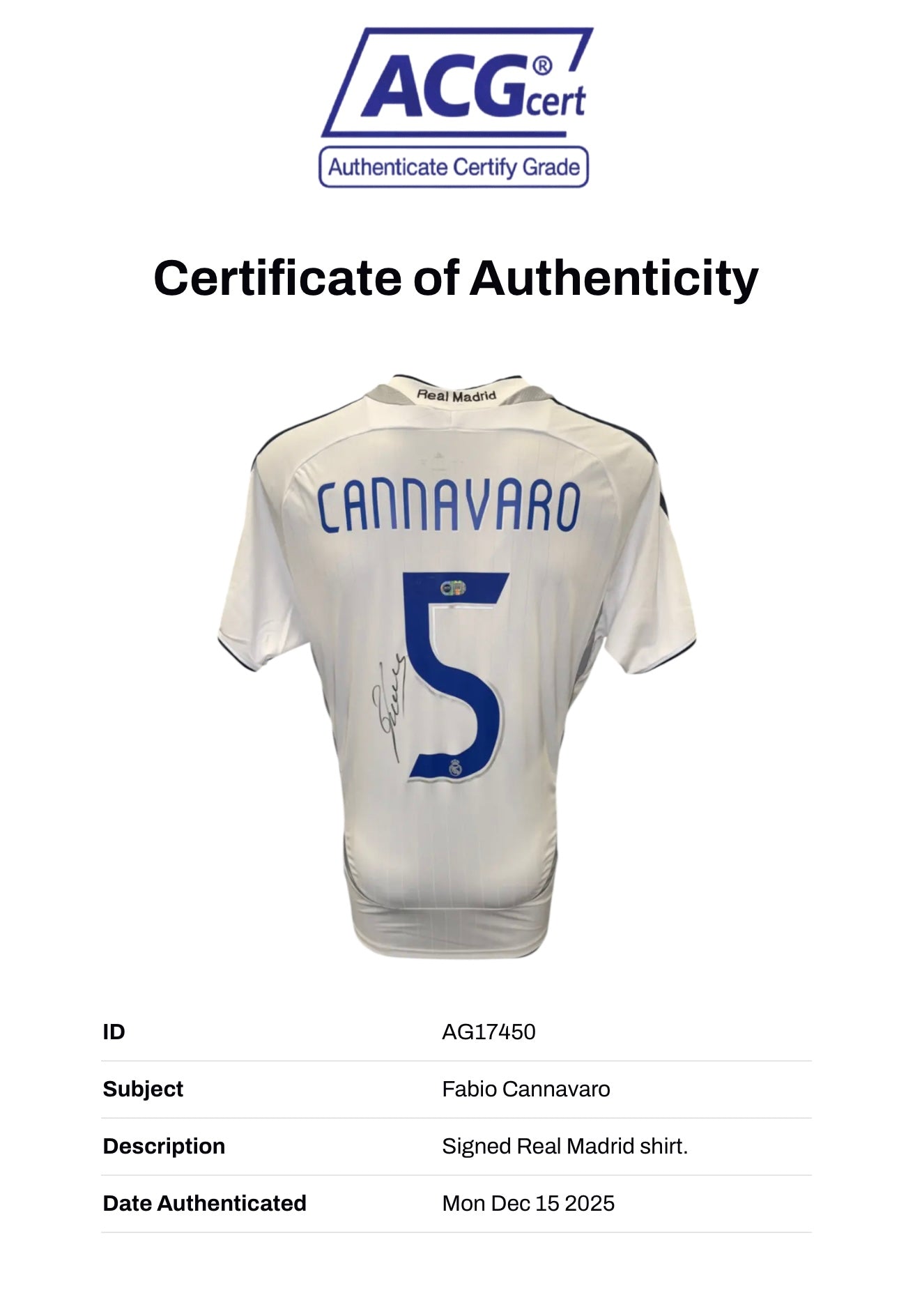 FABIO CANNAVARO SIGNED REAL MADRID 2006/07 HOME SHIRT (ACG CERT AG17450)