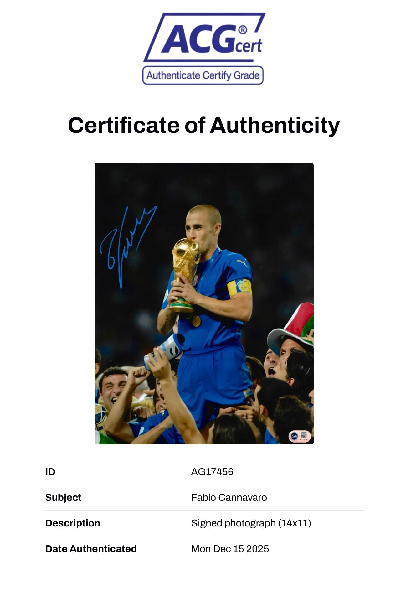 FABIO CANNAVARO SIGNED ITALY 06 WORLD CUP WINNER 14x11 PHOTO (ACG CERT AG17456)