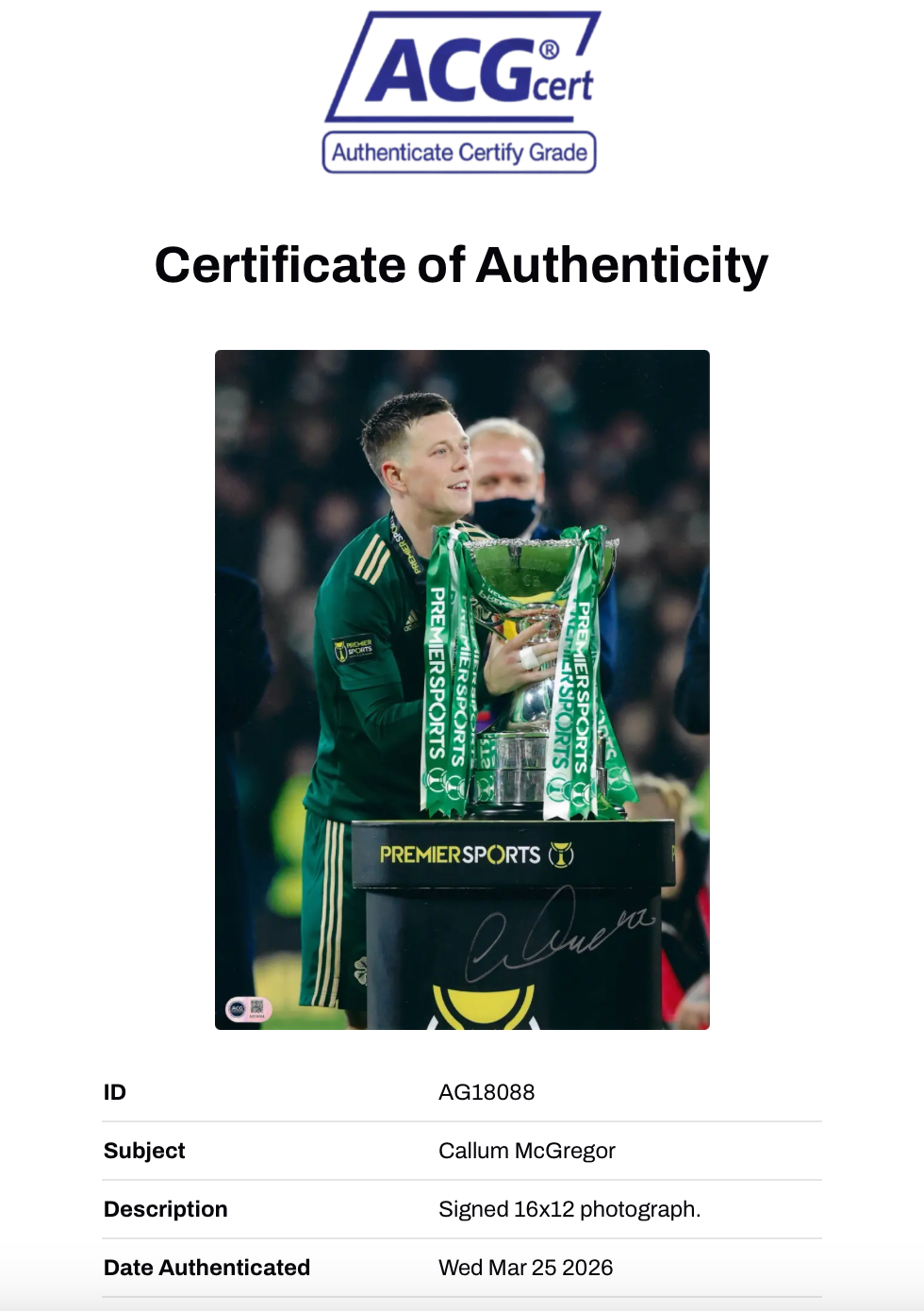 CALLUM MCGREGOR SIGNED CELTIC SCOTTISH CUP WIN 16X12 PHOTO (ACG CERT AG18088)