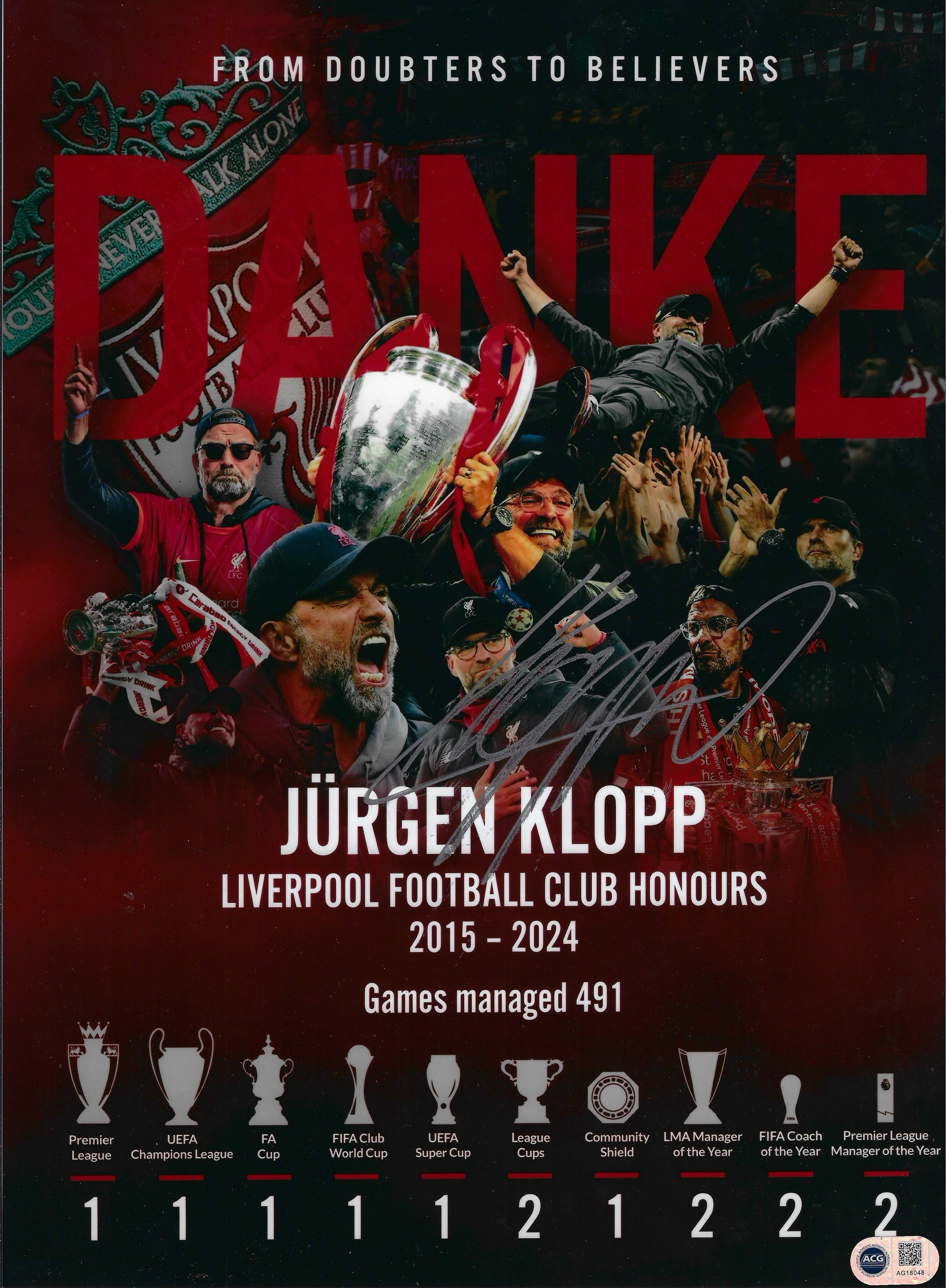 JURGEN KLOPP SIGNED LIVERPOOL FC CLUB HONOURS 16x12 PHOTO (ACG CERT AG18048)