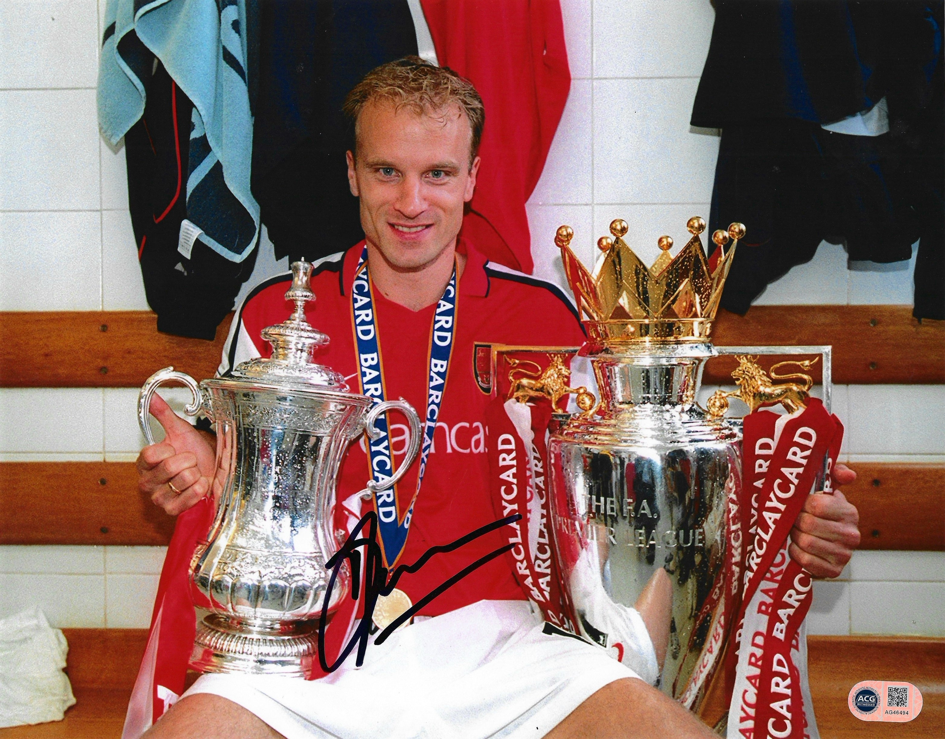 DENNIS BERGKAMP SIGNED ARSENAL FC DOUBLE 2002 14X11 PHOTO (ACG WITNESS AG46494)