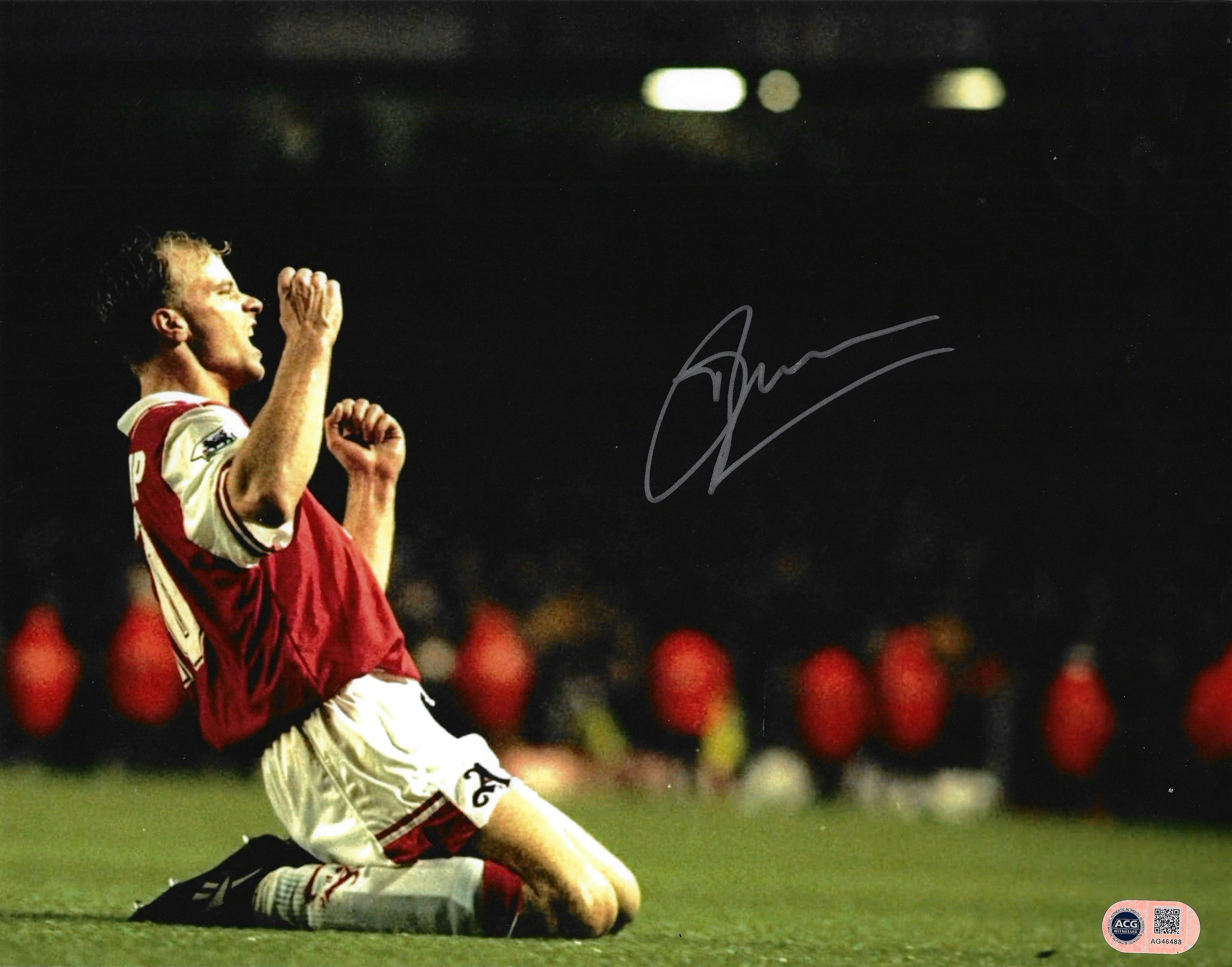 DENNIS BERGKAMP SIGNED ARSENAL 14X11 SPURS 96 GOAL PHOTO (ACG WITNESS AG46488)