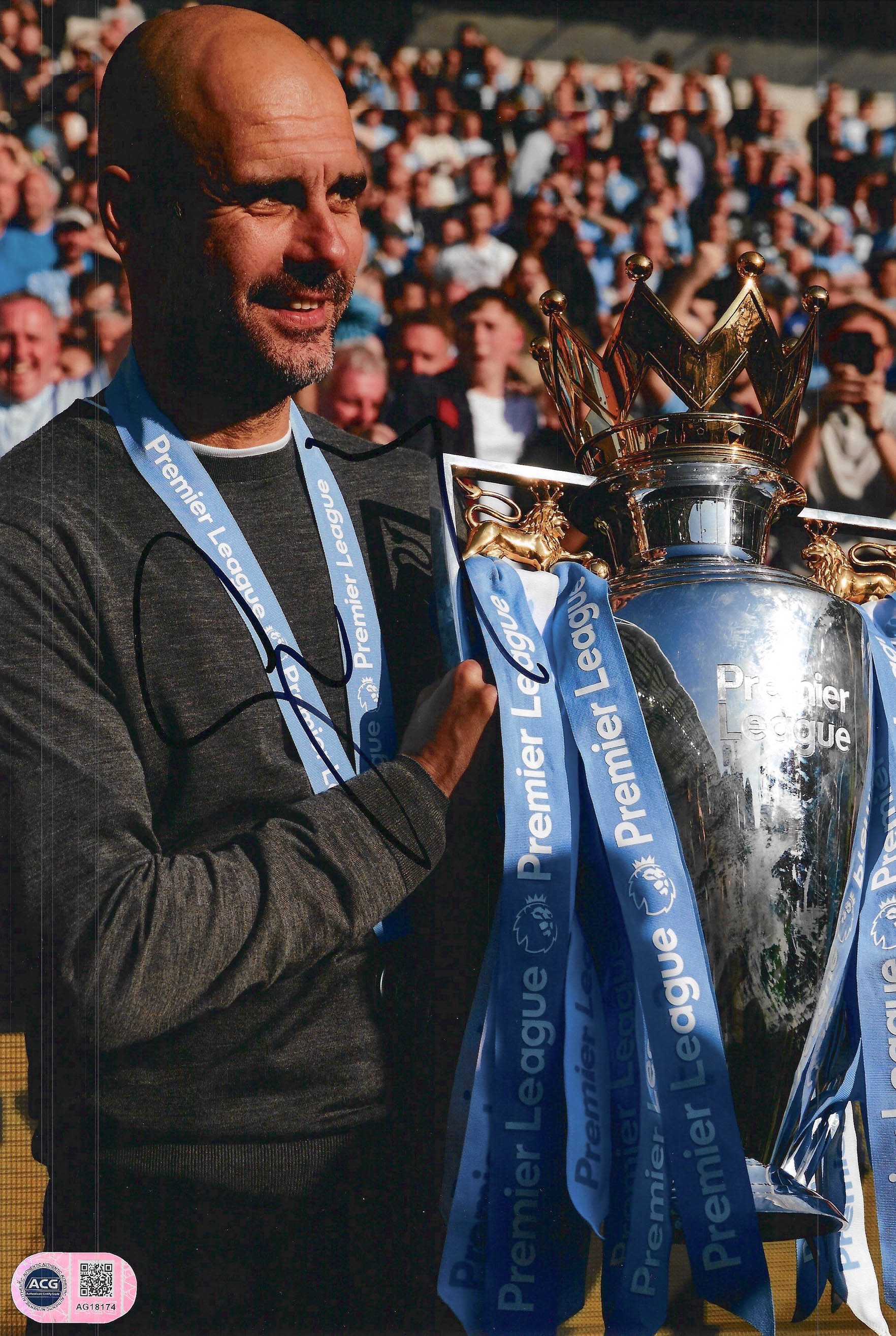PEP GUARDIOLA SIGNED MANCHESTER CITY 12X8 CHAMPIONS PHOTO (ACG CERT AG18174)