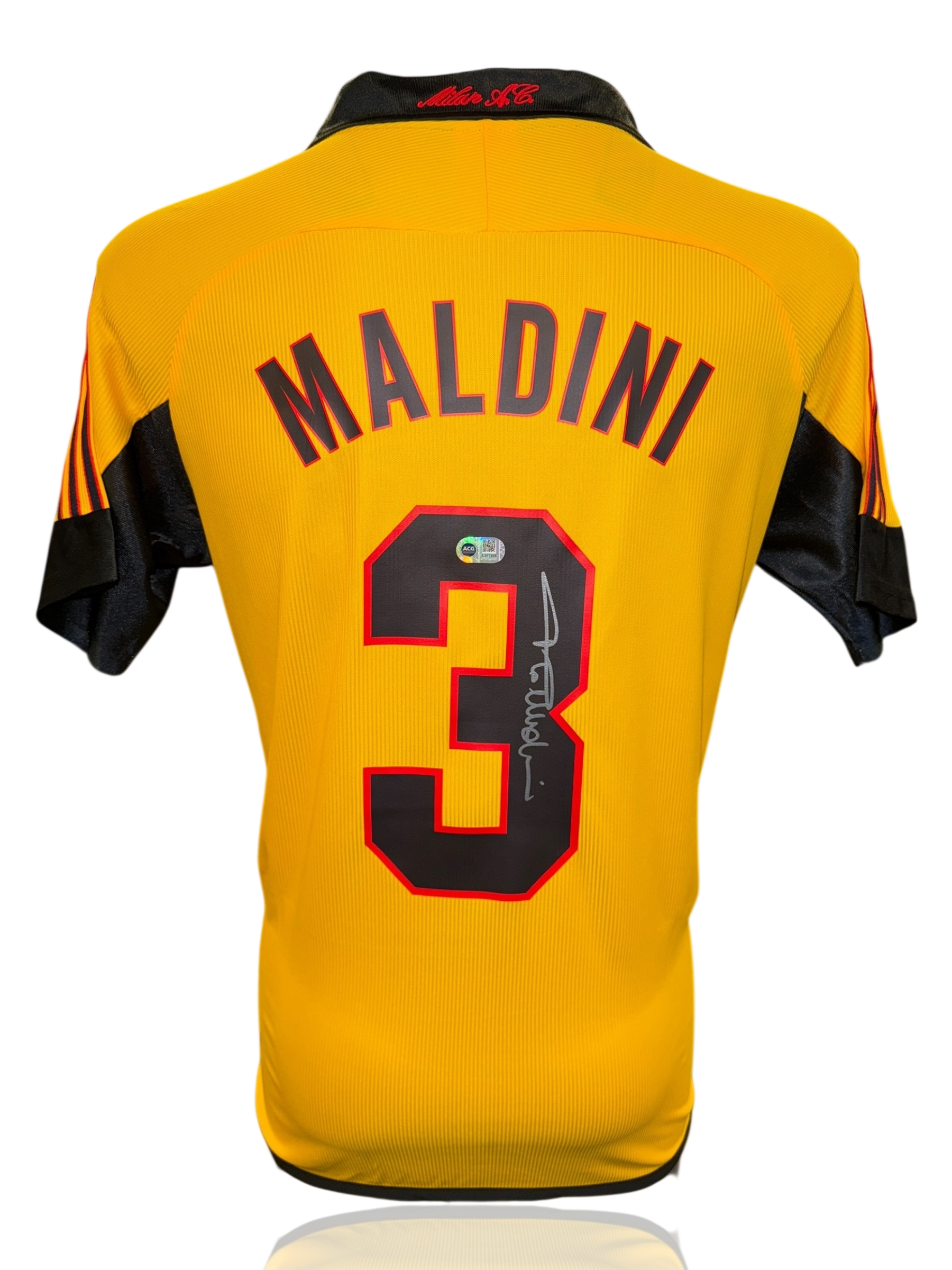 PAOLO MALDINI SIGNED AC MILAN 1999/00 100TH ANNIVERSARY YELLOW SHIRT (ACG CERT AG17405)