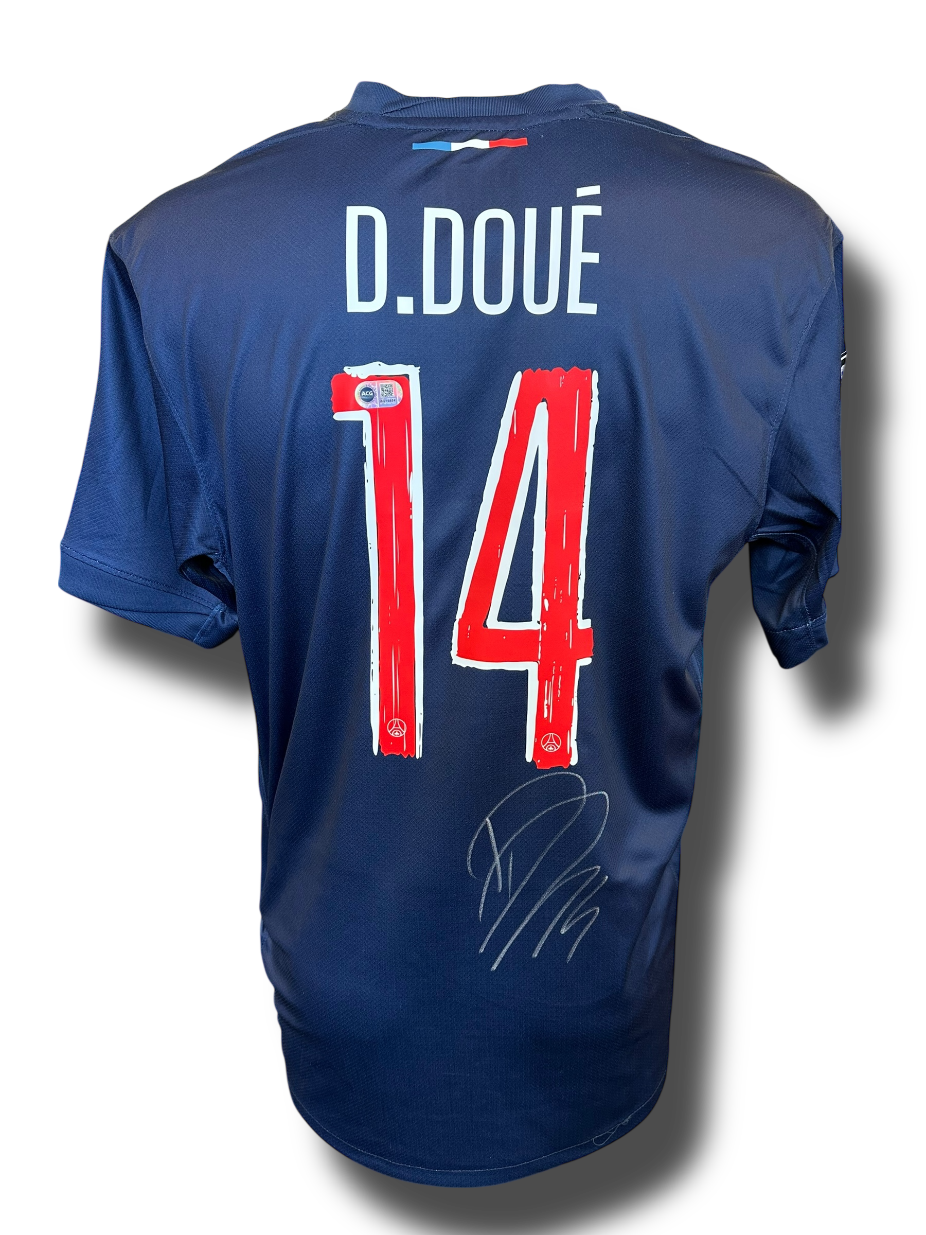DESIRE DOUE SIGNED 2024/25 PSG UCL HOME SHIRT DOUE 14 (ACG CERT AG16858)