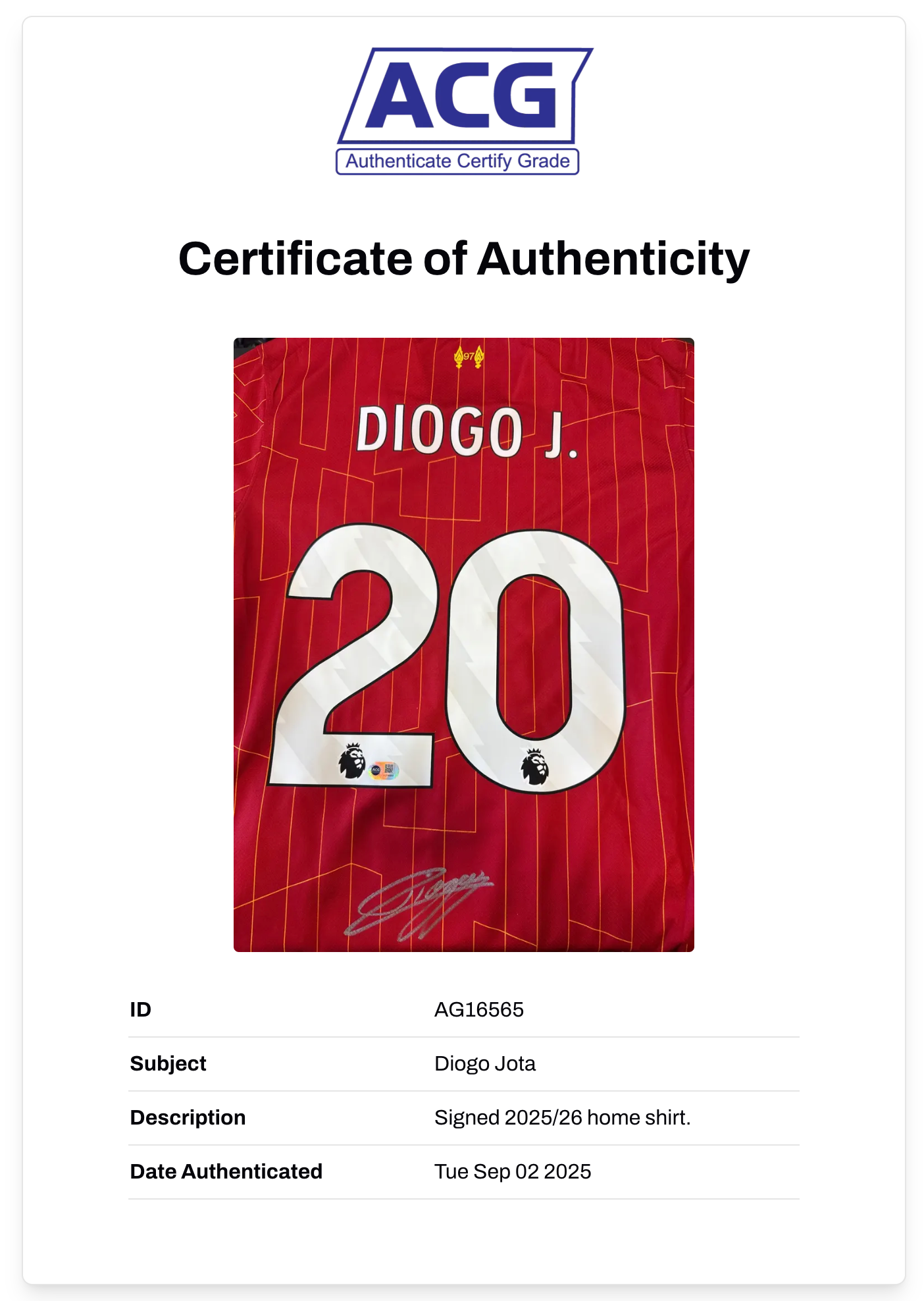 DIOGO JOTA SIGNED LIVERPOOL FC 2024/25 HOME SHIRT (ACG CERT AG16565)