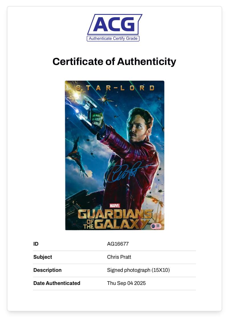 CHRIS PRATT SIGNED GUARDIANS OF THE GALAXY 15x10 PHOTO (ACG CERT AG16677)