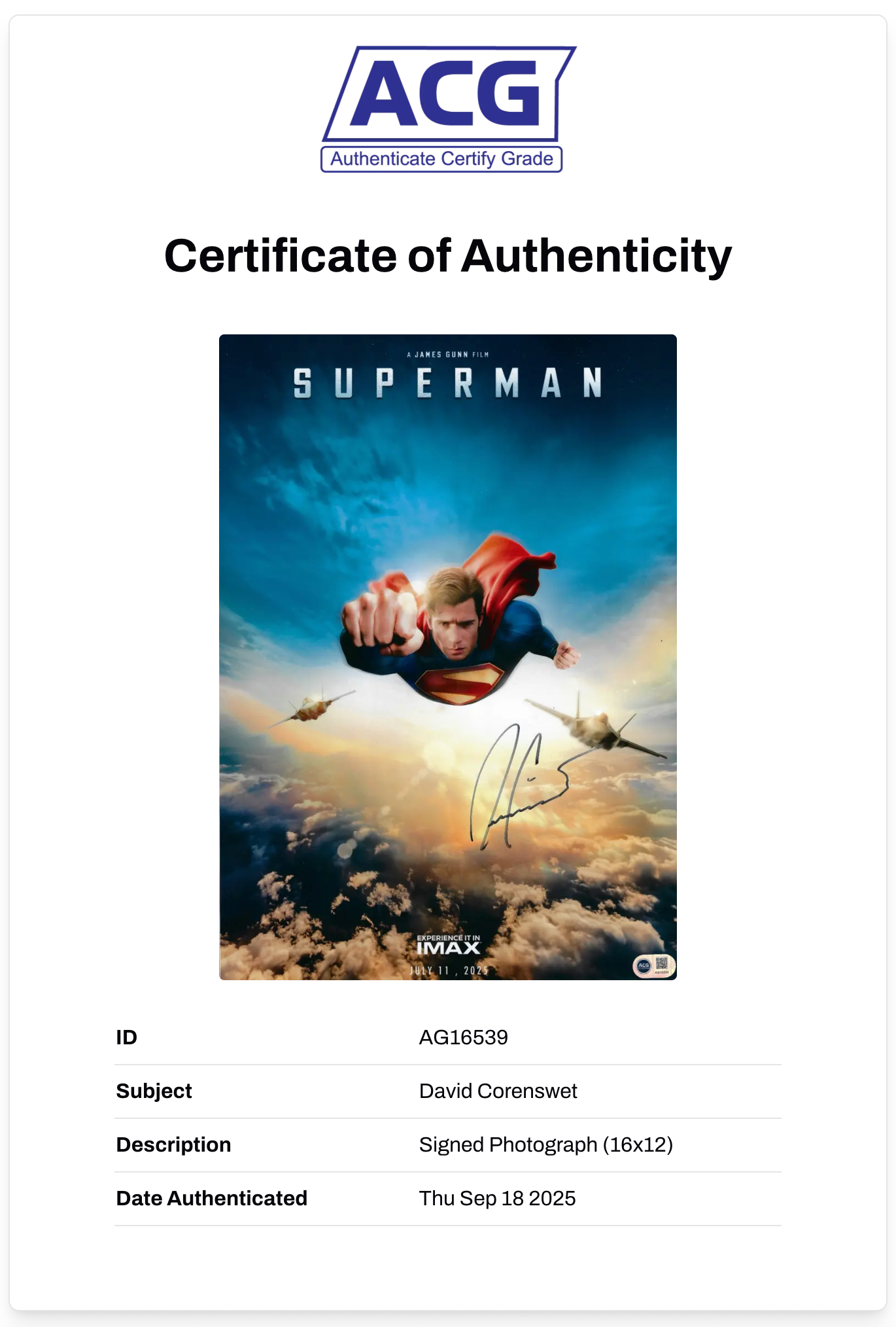 DAVID CORENSWET SIGNED SUPERMAN 16x12 PHOTO (ACG CERT AG16539)