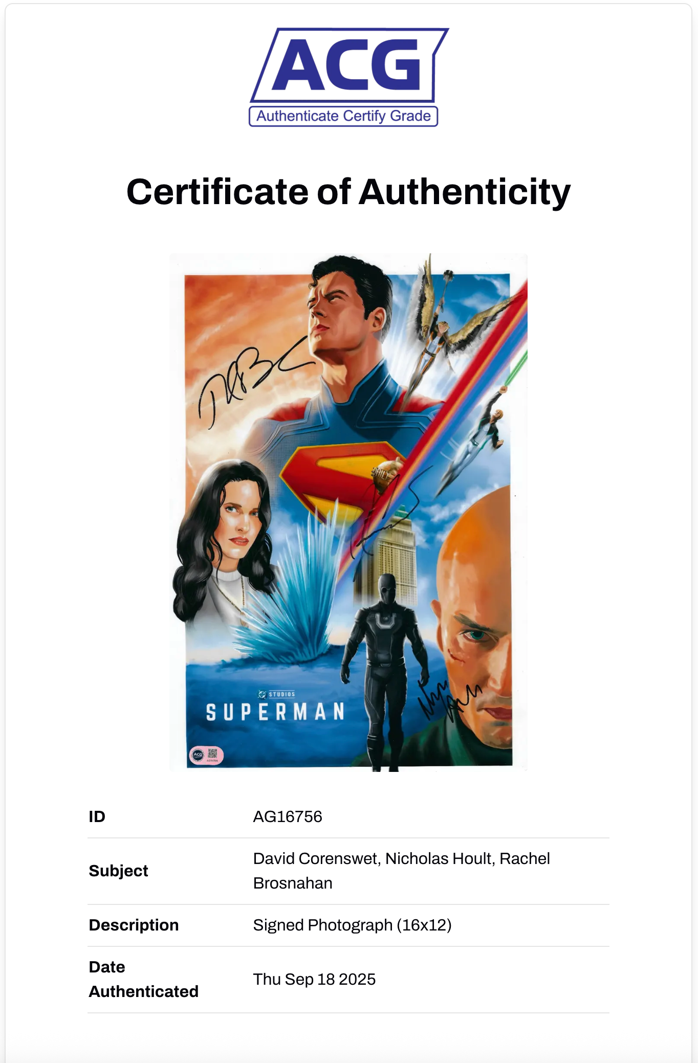 DAVID CORENSWET, NICHOLAS HOULT, RACHEL BROSNAHAN SIGNED SUPERMAN 16x12 PHOTO (ACG CERT AG16756)