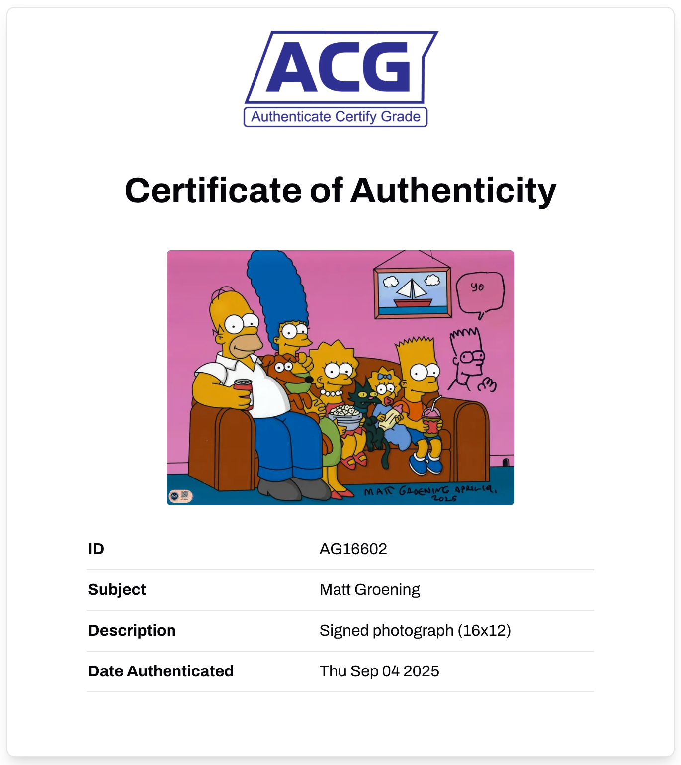 MATT GROENING SIGNED THE SIMPSONS 16x12 PHOTO (ACG CERT AG16602)