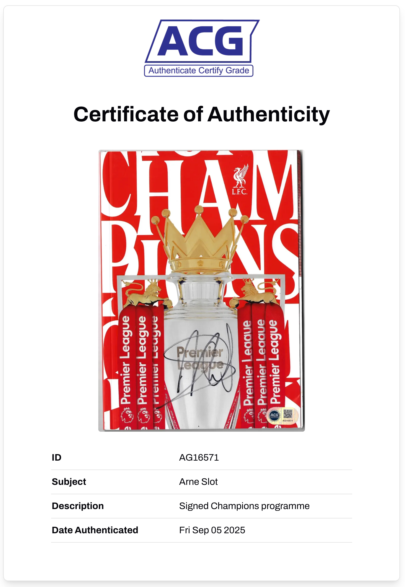 ARNE SLOT SIGNED LIVERPOOL FC 2024/25 CHAMPIONS PROGRAMME (ACG CERT AG16571)