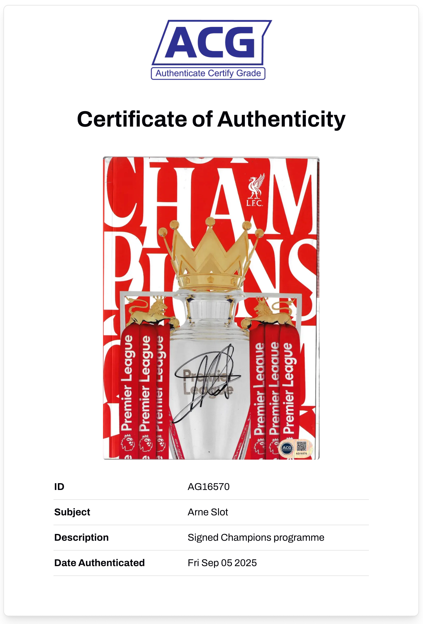 ARNE SLOT SIGNED LIVERPOOL FC 2024/25 CHAMPIONS PROGRAMME (ACG CERT AG16570)