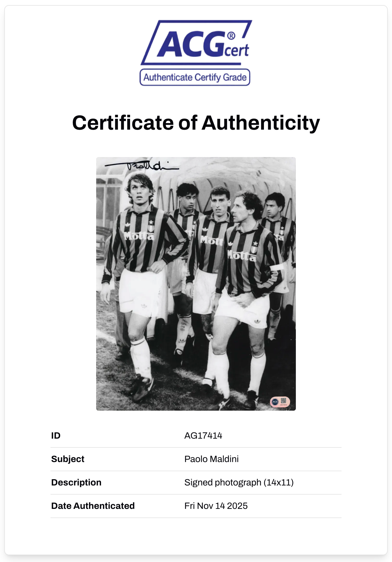PAOLO MALDINI SIGNED AC MILAN ITALY LEGEND 14x11 PHOTO (ACG CERT AG17414)