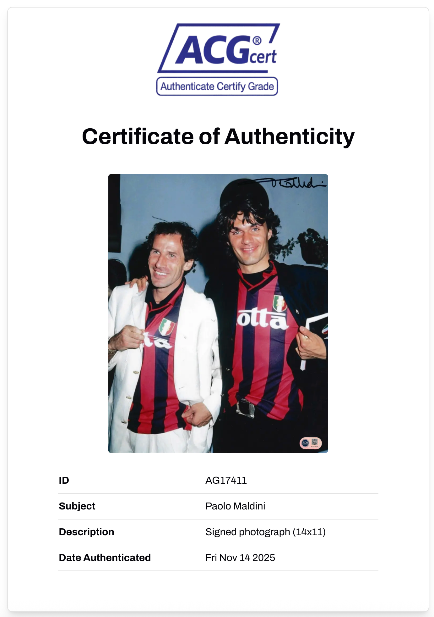 PAOLO MALDINI SIGNED AC MILAN ITALY LEGEND 14x11 PHOTO (ACG CERT AG17411)