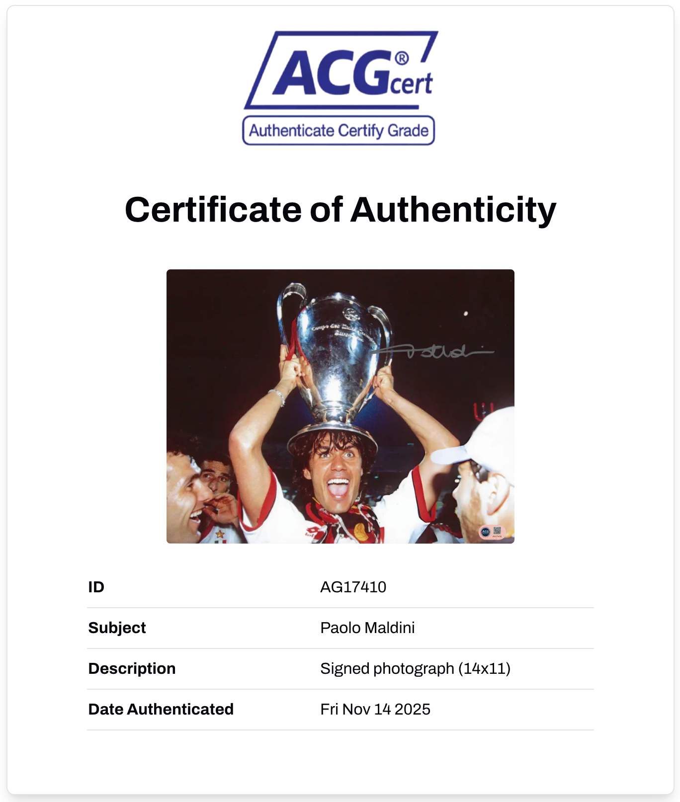 PAOLO MALDINI SIGNED AC MILAN ITALY LEGEND 14x11 PHOTO (ACG CERT AG17410)