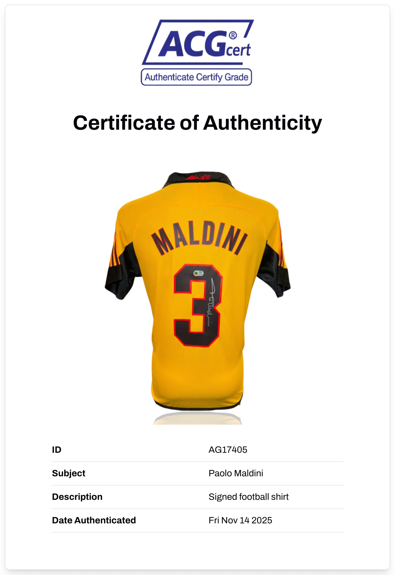 PAOLO MALDINI SIGNED AC MILAN 1999/00 100TH ANNIVERSARY YELLOW SHIRT (ACG CERT AG17405)