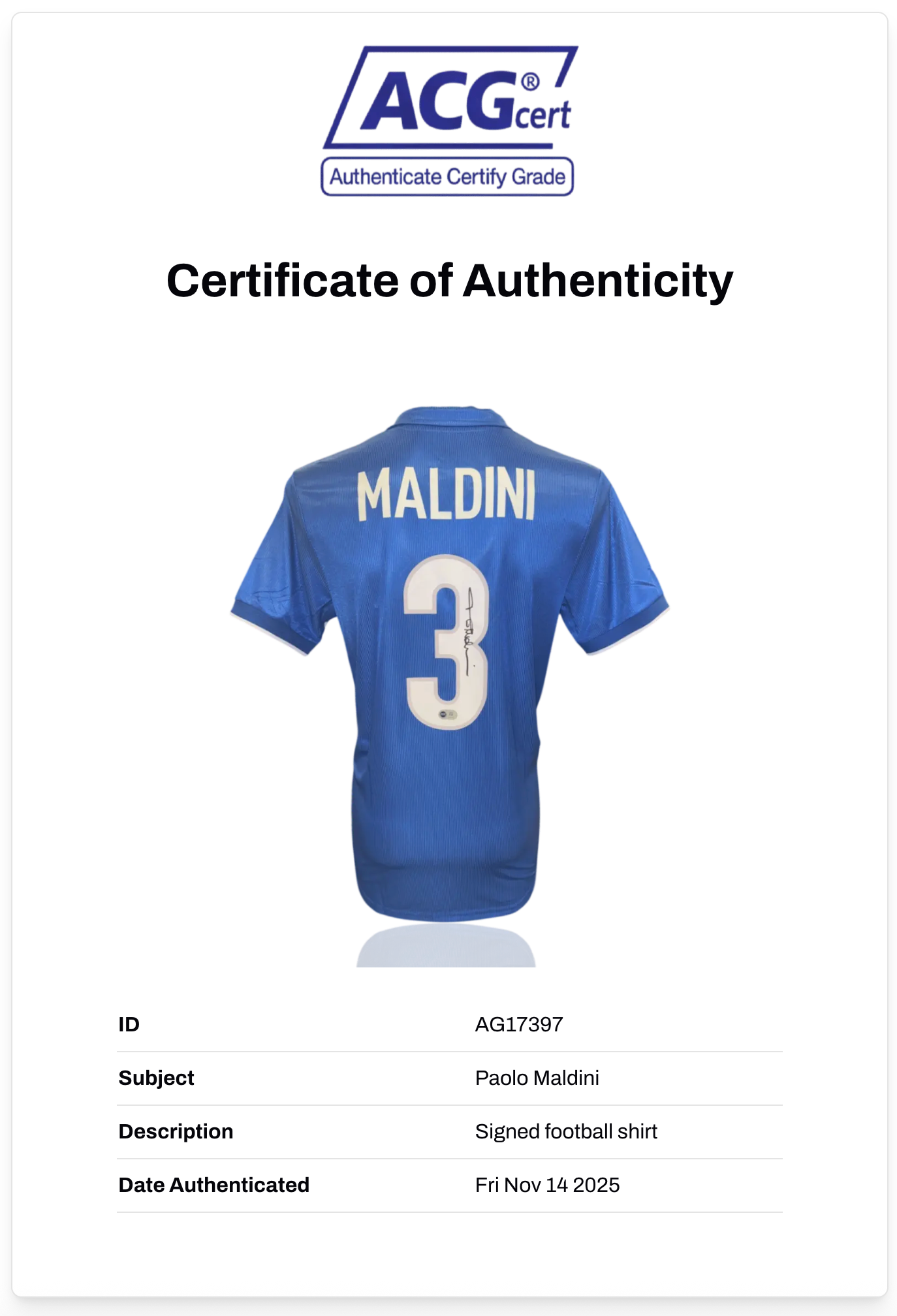 PAOLO MALDINI SIGNED ITALY WORLD CUP 1998 HOME SHIRT (ACG CERT AG17397)