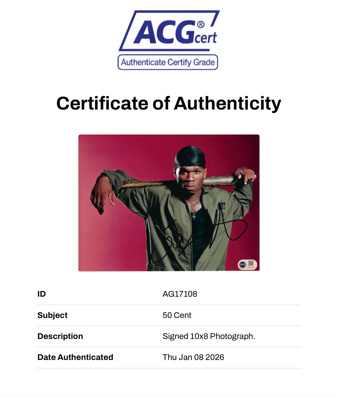 50 CENT GET RICH OR DIE TRYIN' SIGNED 12X8 PHOTO (ACG CERT AG17108)