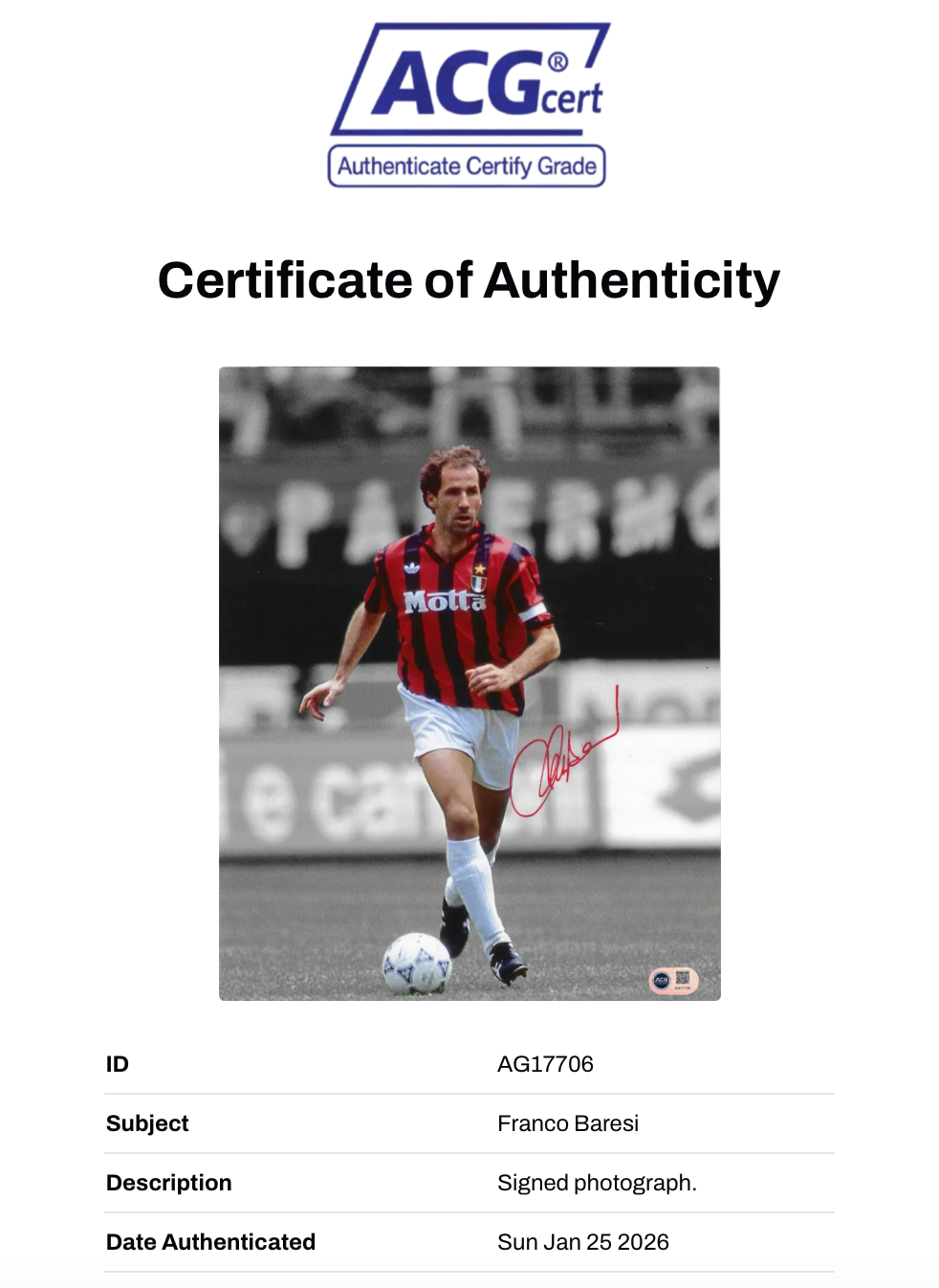 FRANCO BARESI SIGNED AC MILAN LEGEND 14X11 PHOTOGRAPH (ACG CERT AG17706)