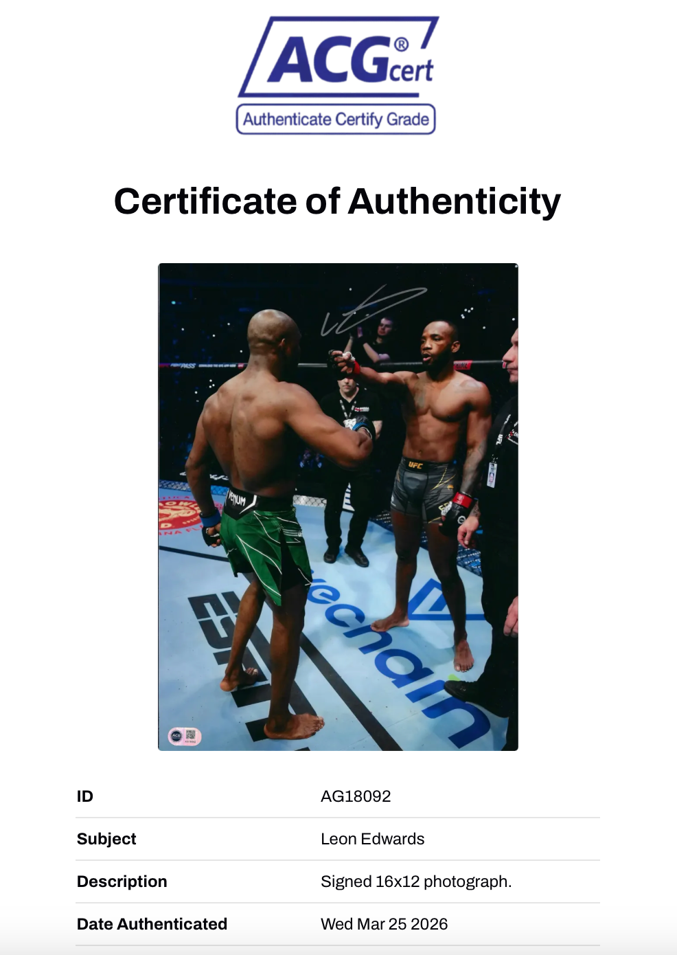 LEON ROCKY EDWARDS SIGNED UFC CHAMPION 16X12 PHOTO (ACG CERT AG18092)