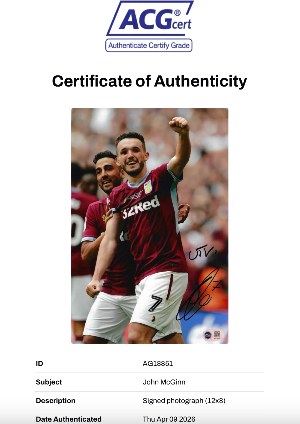 JOHN MCGINN SIGNED ASTON VILLA 12X8 PHOTOGRAPH (ACG CERT AG178851)
