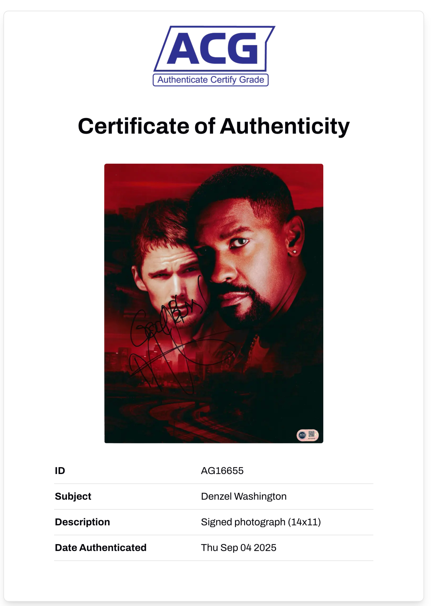 DENZEL WASHINGTON SIGNED TRAINING DAY 14x11 PHOTOGRAPH (ACG CERT AG16655)