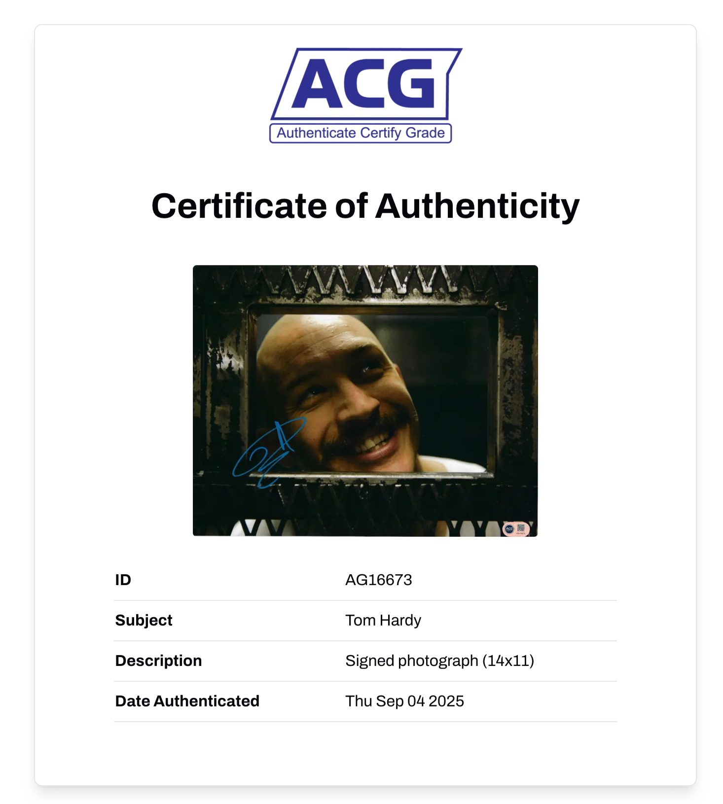 TOM HARDY SIGNED BRONSON 14x11 PHOTOGRAPH (ACG CERT AG16673)