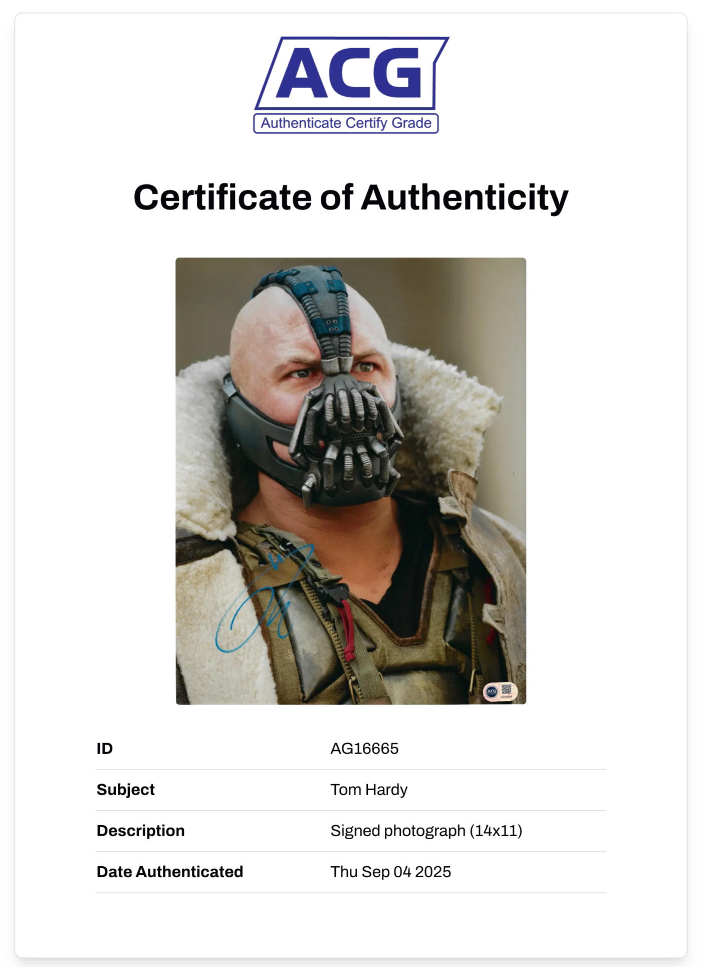 TOM HARDY SIGNED BANE DARK KNIGHT RISES 14x11 PHOTO (ACG CERT AG16665)