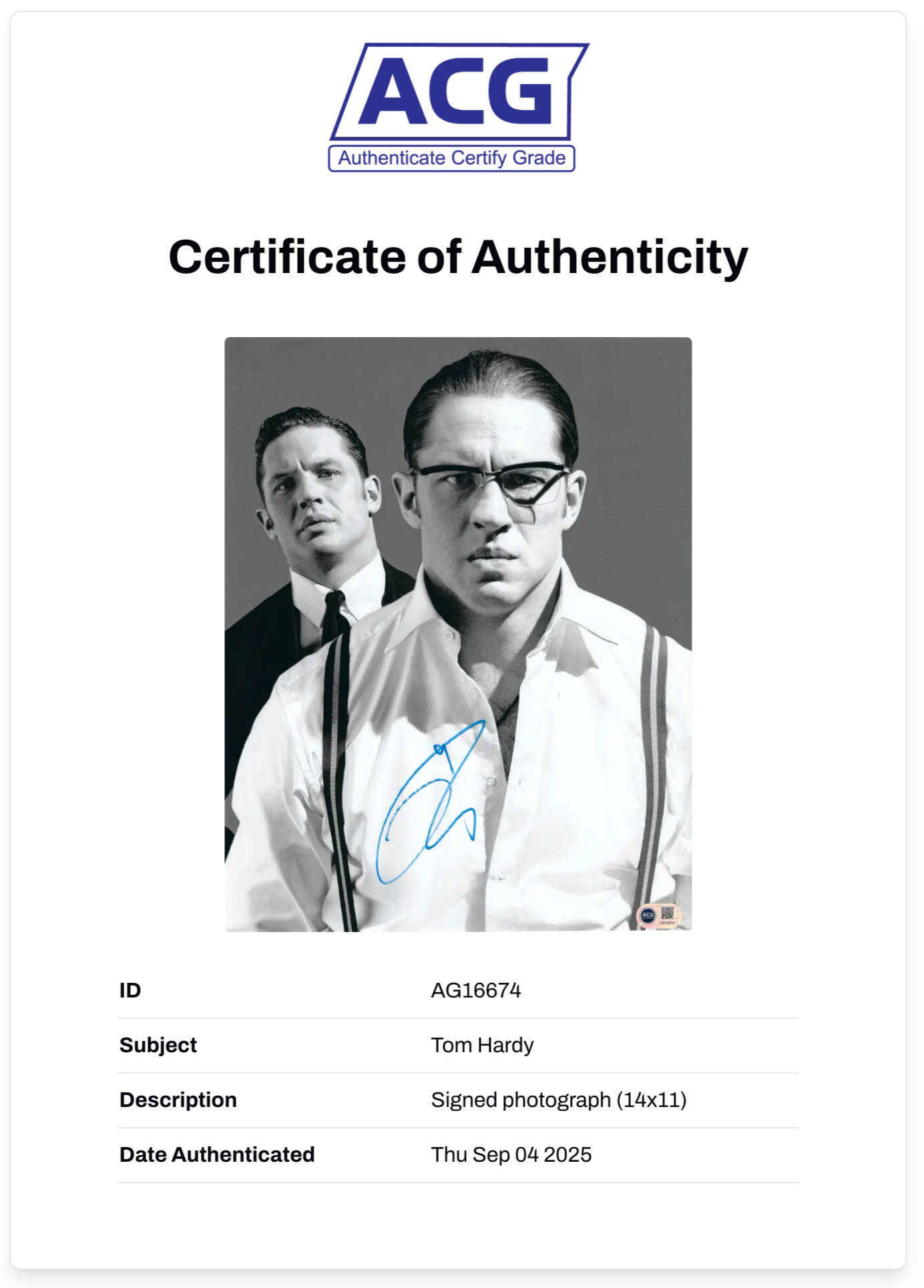 TOM HARDY SIGNED LEGEND 14x11 PHOTO (ACG CERT AG16674)