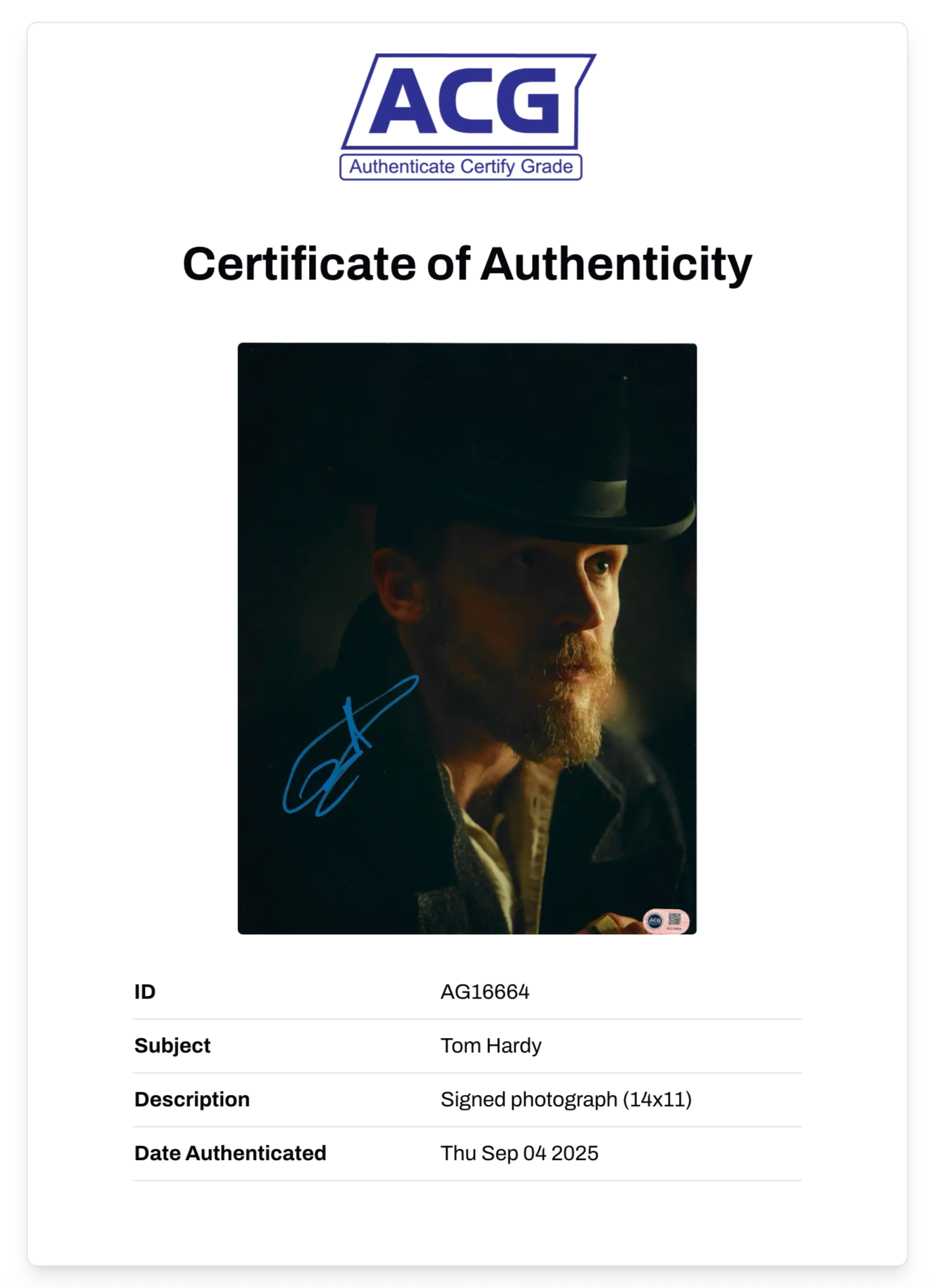 TOM HARDY SIGNED PEAKY BLINDERS 14x11 PHOTO (ACG CERT AG16664)