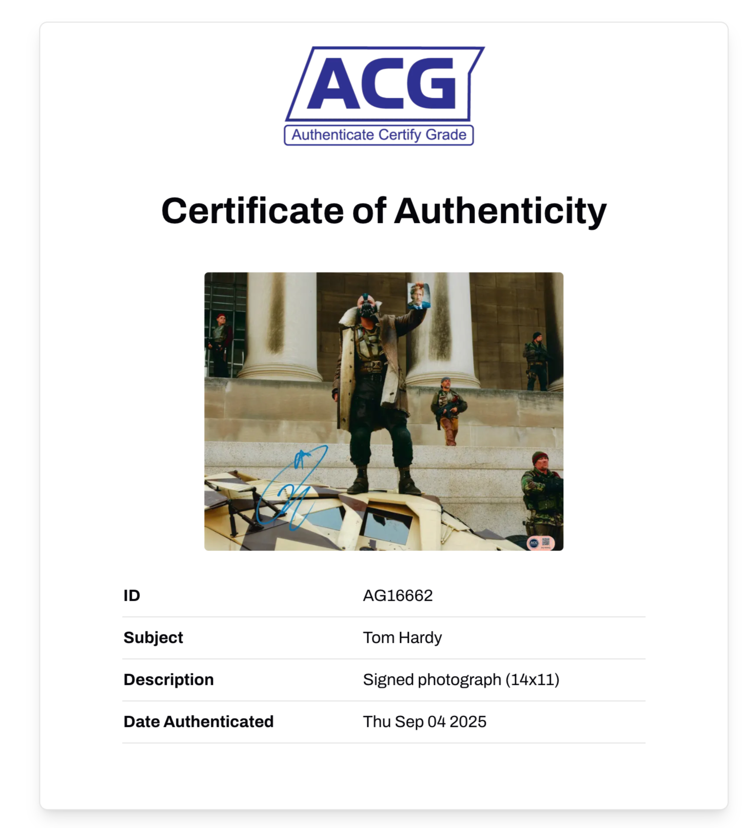 TOM HARDY SIGNED BANE BATMAN 14x11 PHOTO (ACG CERT AG16662)