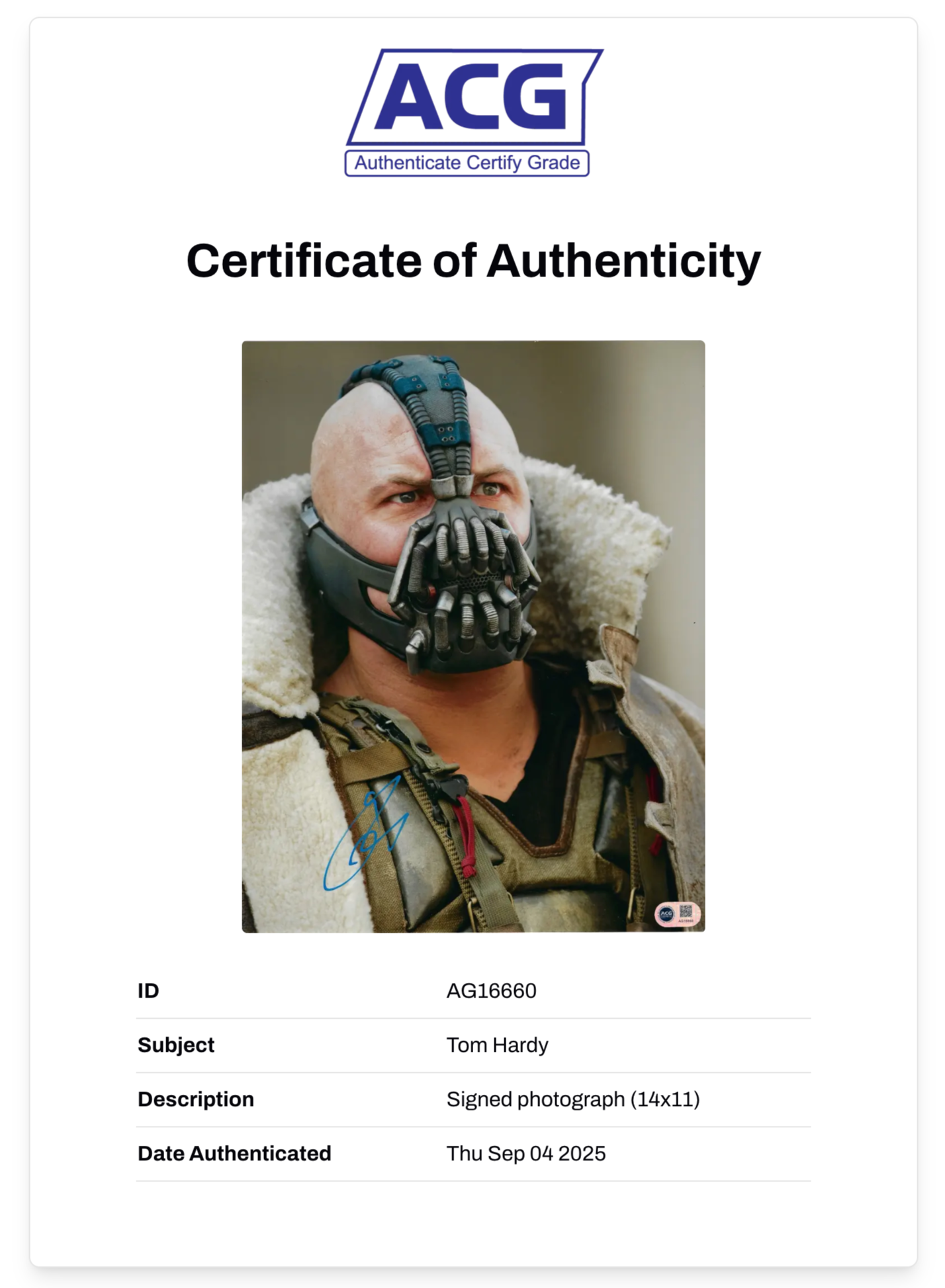TOM HARDY SIGNED BANE BATMAN 14x11 PHOTO (ACG CERT AG16660)