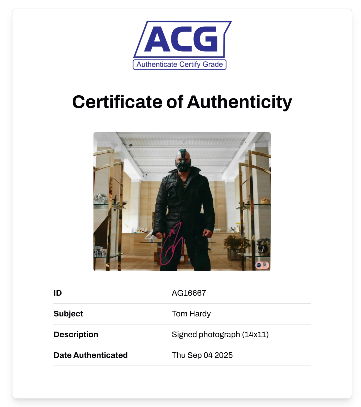 TOM HARDY SIGNED BANE BATMAN 14x11 PHOTO (ACG CERT AG16667)