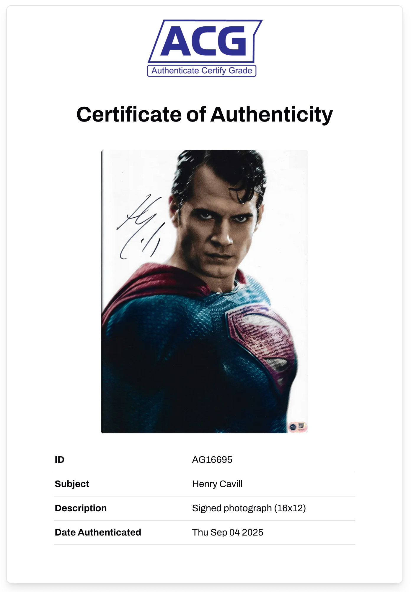 HENRY CAVILL SIGNED SUPERMAN 16x12 PHOTO (ACG CERT AG16695)
