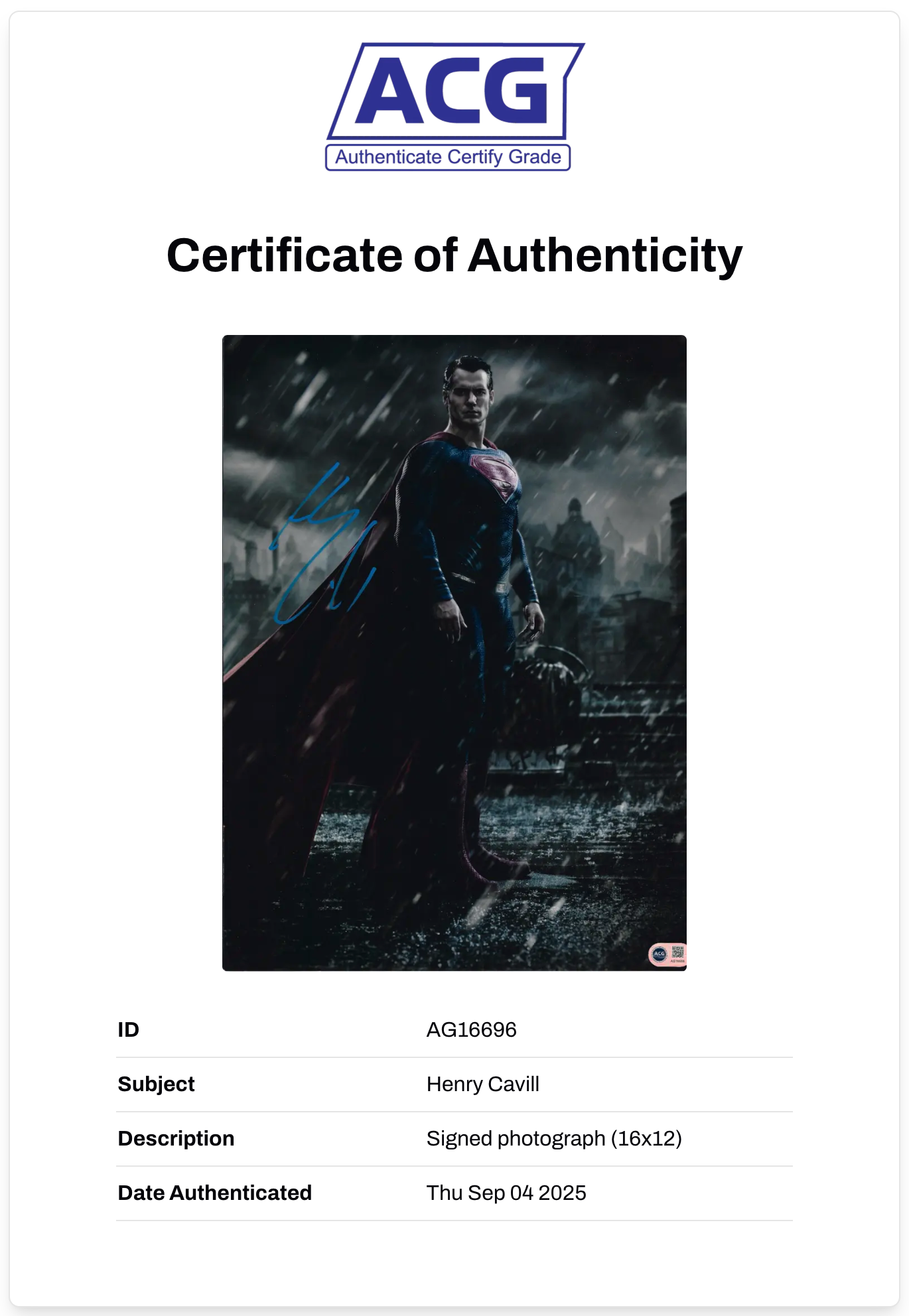 HENRY CAVILL SIGNED SUPERMAN 16x12 PHOTO (ACG CERT AG16696)