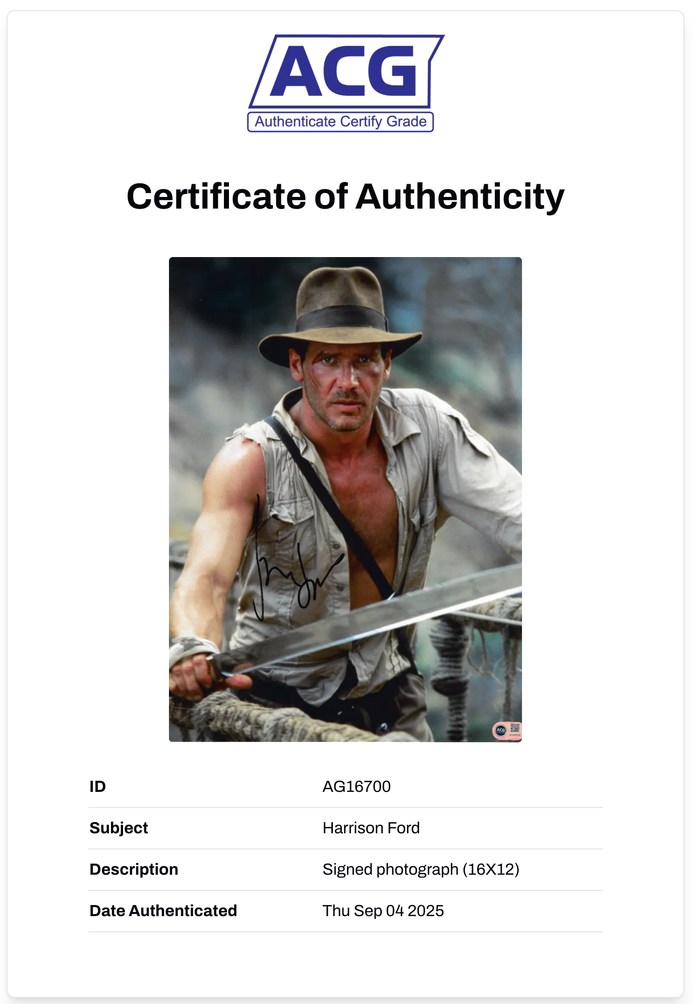 HARRISON FORD SIGNED INDIANA JONES 16x12 PHOTO (ACG CERT AG16700)